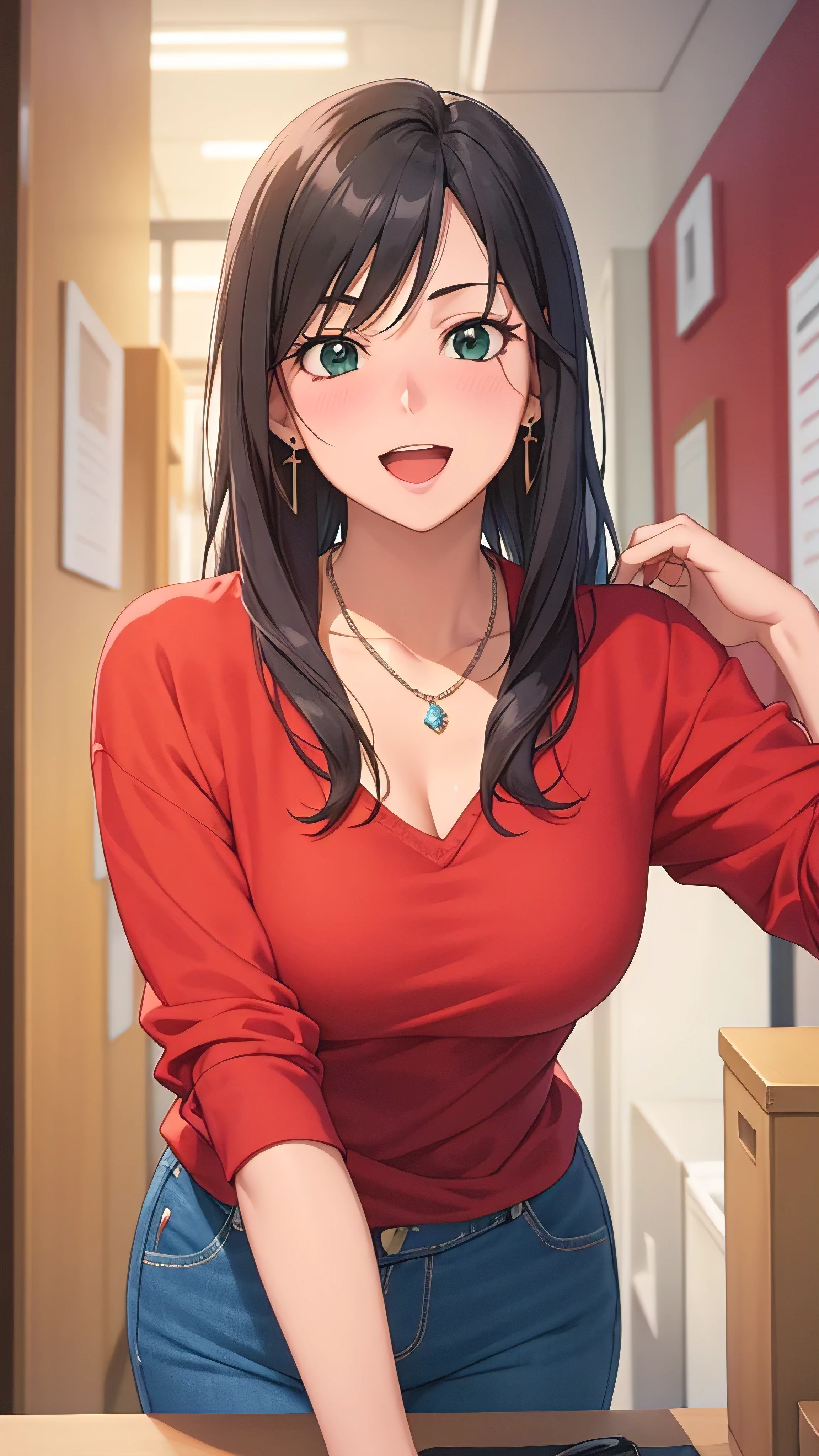 masterpiece, best quality, high resolution, UHD, RTX, pixel perfect, depth of field, 4k, highly detailed, 1 girl, single, solo, beautiful anime girls, beautiful art style, anime characters, long hair, parted bangs, middle part bangs hair, dark black hair, green eyes:1.4, round eyes, beautiful eyelashes, realistic eyes, detailed face, blush:1.2, fine texture:0.75, realistic texture:0.65, photorealistic:1.1, CG anime style, bright color, breasts medium, dynamic angle, perfect body, first point of view, dynamic pose, looking at viewer, wearing red checkered shirt, white t-shirt under red shirt, blue jeans, bra visible through t-shirt, fashionable, single handbag, 1 diamond necklace , cute earrings, warm smile, open mouth, shy, office space, leaning forward