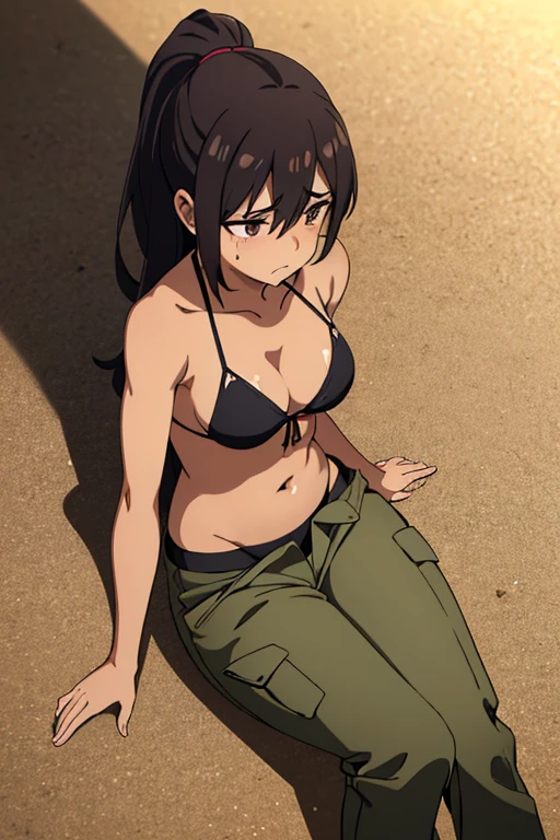 Tanned skinned anime girl, slender yet curved figure, long black wavy hair tied up in a high ponytail, wearing a bikini top and cargo pants, extremely hungry and starving, her stomach distended and hands clutched in despair. Her expression is pained and worried, lying on the ground, a punishment for circumstances beyond her control. Ultra-detailed rendering, realistic, 4K resolution, atmospheric lighting, muted earthy tones, textures conveying the girl's tanned and parched skin. The bikini top has intricate patterns, the cargo pants have detailed pockets and folds. Dynamic shadows and soft highlights capture her lean form and amplify