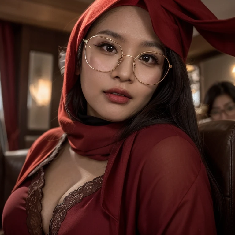 a close up of a woman wearing glasses and a red scarf, malaysian, with beautiful exotic, sie boob, gorgeous lady, 3 0 years old woman, 30 years old woman, lovely woman, 2 8 years old, 2 7 years old, cute woman, busty, 2 2 years old, 2 9 years old, hijab, beautiful girlfriend, gorgeous woman