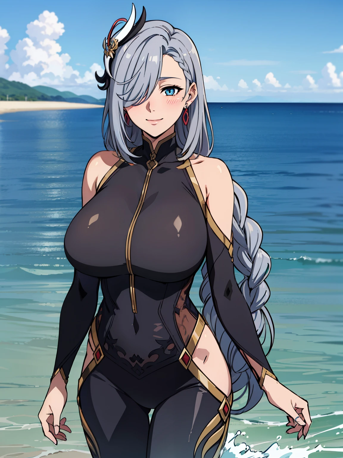 bathing, body in the water, earrings, braided hair, bodysuit, hip vent, (sea background), blue sky, ShenheV4, anime cels style, best quality, high resolution, 1girl, (huge breasts:1.2), beautiful face, grey hair, long hair, hair ornament, (hair over one eye), blue eye, cowboy shot, smiling, blushing