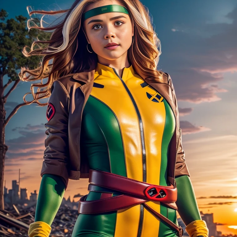 Chloe Grace Moretz、Wet、Full body view, Long Hair, brown hair, Green Eyes, lipstick, compensate, lips,Emphasize cleavage、 sexy、White stripes in hair, like, Wavy Hair, Messy Hair, Curly Hair, middle～Large breasts, Surface Plot, ((Kelli Berglund:Bailee Madison:0.5)), 黄colorのスーツ, Jacket, gloves, belt, gloves amarillos, Green Suit, (Bodysuits:1.4), Traje multicolor, (Superhero:1.4), tight skin, Ropa multicolor, Garden and wisteria background, Official Art, extremely detailed CG 8k wallpaper, Perfect lighting, De color, bright_amount_method_Light, piel bright, (masterpiece:1.0), (Better_quality:1.0), Ultra-high resolution, 4k , Super detailed, Director of Photography, 8k, HDR, Altas ResoLightones, (Disorganized:1.2), Kodak Portrait 400, Film Grain, blurred background, (Bokeh:1.2), Lens flare, (Vibrant_color:1.2), Professional photography, (beautiful_method:1.5),More detailed 8K.Unreal Engine:1.4,Hmm,La Better calidad:1.4, Realistic:1.4, skin temperature:1.4, masterpiece:1.8,masterpiece, Better calidad,Object Object], (Detailed facial features:1.3),(Antesedentes apocalyptic destroyed city:1.4), (Apocalyptic Sunset:1.4)