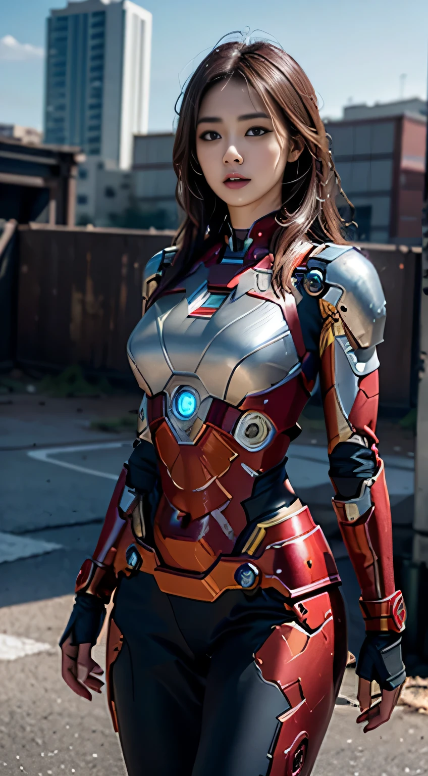8k, Practical, attractive, Very detailed, a 20 year old girl a sexy and attractive woman inspired by Iron Man wearing a shiny Iron Man mech. She dresses sexy and confidently, The perfect interpretation of Iron Man&#39;Power and charisma. Abandoned warehouse as background, Create a unique atmosphere，Highlight her bravery and perseverance. The cloudy sky adds a sense of tension and mystery to the whole scene.. This high definition, High-quality images bring you a shocking visual experience. The details of the abandoned warehouse and the shiny mecha will keep you glued to the screen. oc rendering, Dramatic Lighting, Award-winning quality