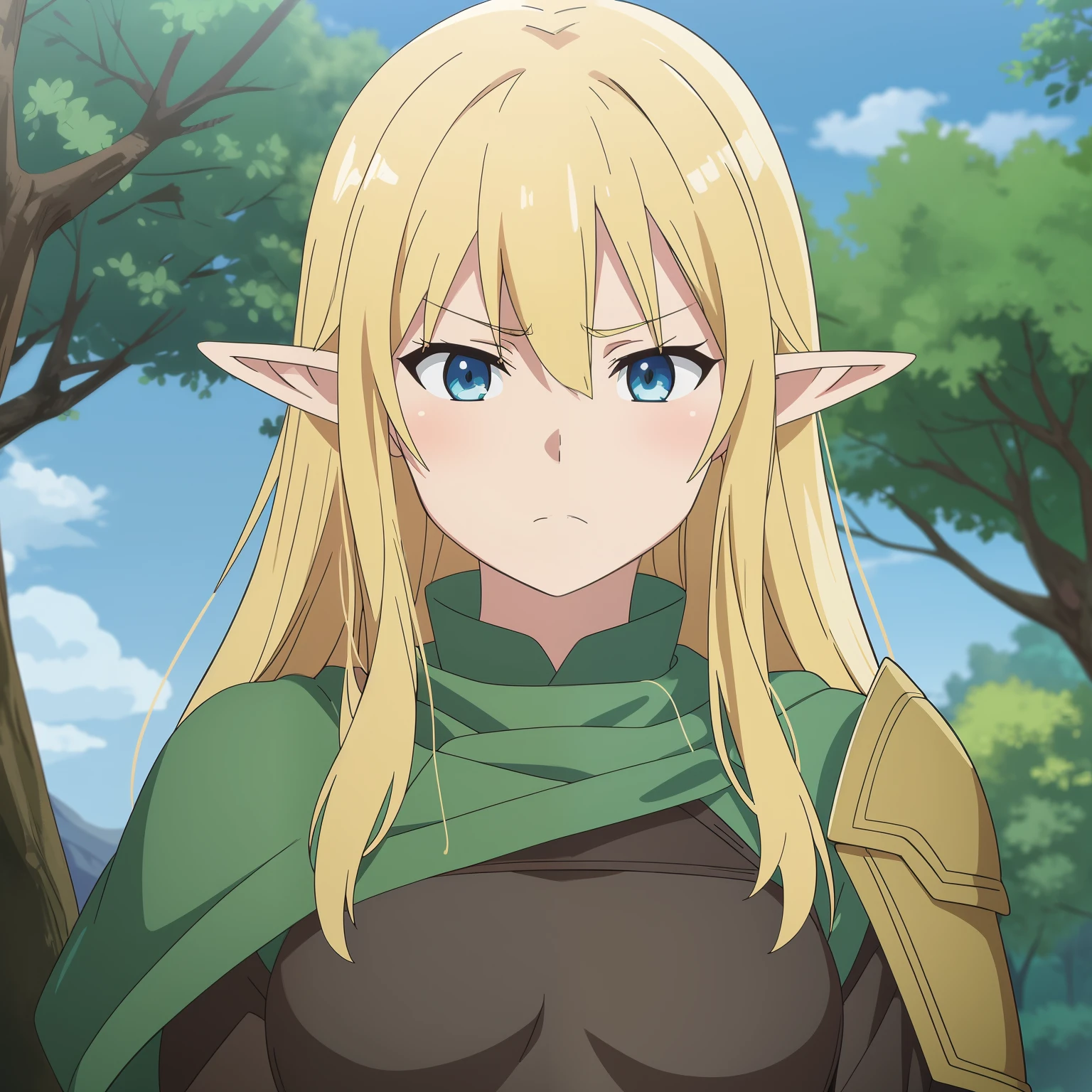 high quality, masterpiece. elf girl. Blonde hair. gloomy face. Blue eyes. green raincoat, Leather brown armor. against the background of the forest and the sky.