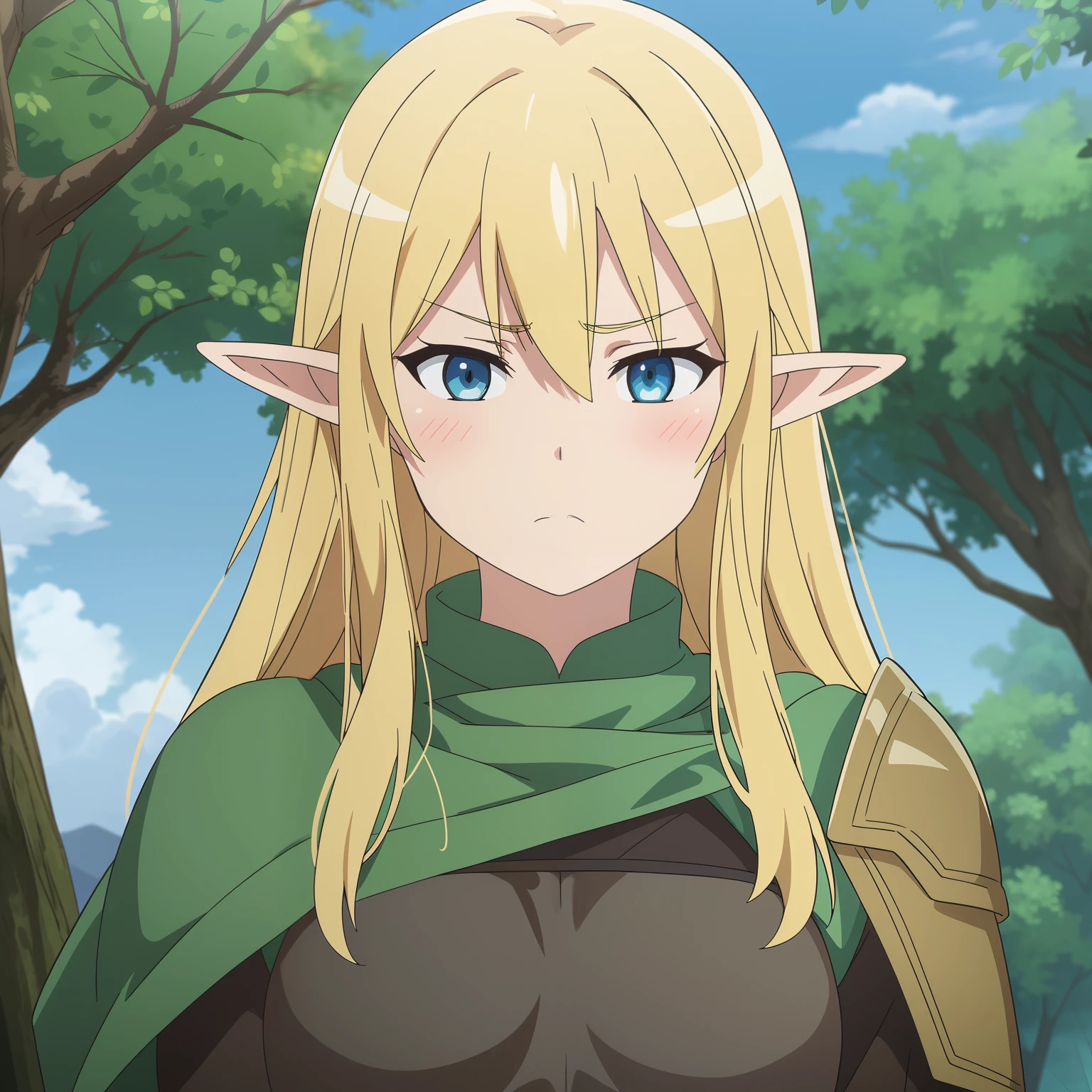 high quality, masterpiece. elf girl. Blonde hair. gloomy face. Blue eyes. green raincoat, Leather brown armor. against the background of the forest and the sky.