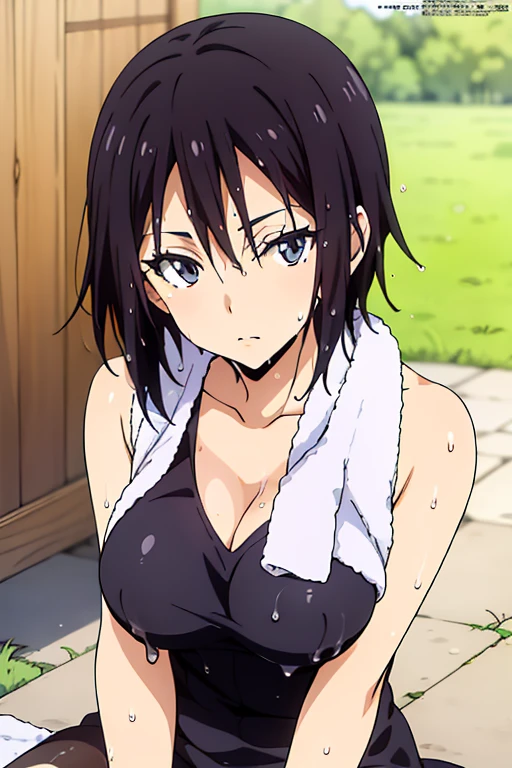 (anime cels style, Masterpiece, best quality, high resolution, anime colored, megami magazine:1.2, anime poster style, anime keyvisual, sharp, 8k, photorealistic), (beautiful eyes:1.5), sakaguchihinata\(ttigraas\), 1girl, cute, black hair, very short hair, large breast, cleavage, nude, (wet Towel over breasts:1.5), (upper body, sitting), (perfect detailed anatomy, perfect arms, perfect fingers, beautiful face, perfect body, shiny skin), onsen,