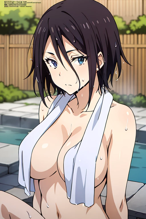 (anime cels style, Masterpiece, best quality, high resolution, anime colored, megami magazine:1.2, anime poster style, anime keyvisual, sharp, 8k, photorealistic), (beautiful eyes:1.5), sakaguchihinata\(ttigraas\), 1girl, cute, black hair, very short hair, large breast, cleavage, nude, (wet Towel over breasts:1.5), (upper body, sitting), (perfect detailed anatomy, perfect arms, perfect fingers, beautiful face, perfect body, shiny skin), onsen,