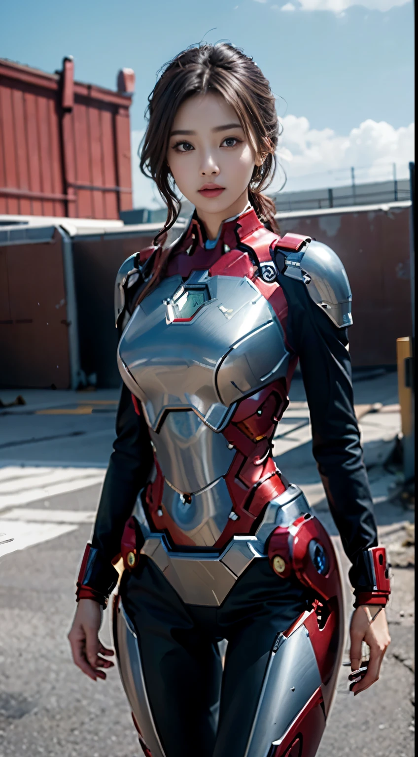 8k, Practical, attractive, Very detailed, a 20 year old girl a sexy and attractive woman inspired by Iron Man wearing a shiny Iron Man mech. She dresses sexy and confidently, The perfect interpretation of Iron Man'Power and charisma. Abandoned warehouse as background, Create a unique atmosphere,Highlight her bravery and perseverance. The cloudy sky adds a sense of tension and mystery to the whole scene.. This high definition, High-quality images bring you a shocking visual experience. The details of the abandoned warehouse and the shiny mecha will keep you glued to the screen. oc rendering, Dramatic Lighting, Award-winning quality
