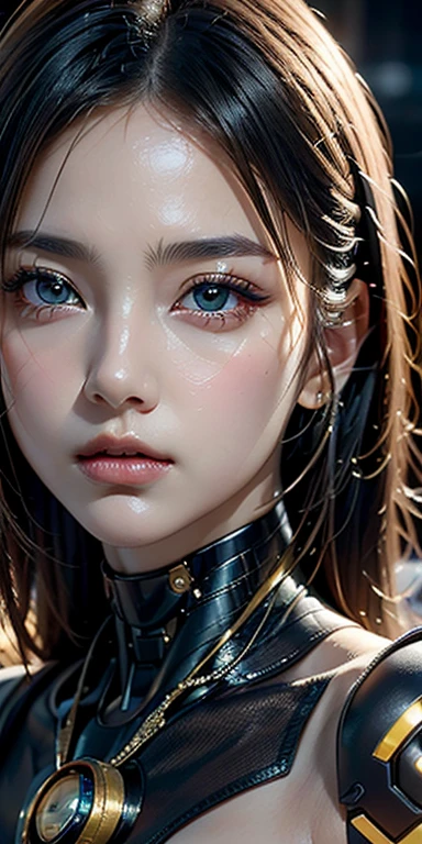 (High resolution), (Ultra delicate), (clear), Realistic,((A girl with black hair and gold inner color)).((cyber punk)),face,Skin realism、A fusion of Japanese style and the near future、Black pupil、Astrology