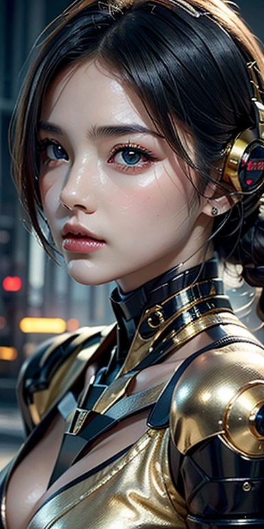 (High resolution), (Ultra delicate), (clear), Realistic,((A girl with black hair and gold inner color)).((cyber punk)),face,Skin realism、A fusion of Japanese style and the near future、Black pupil、Astrology