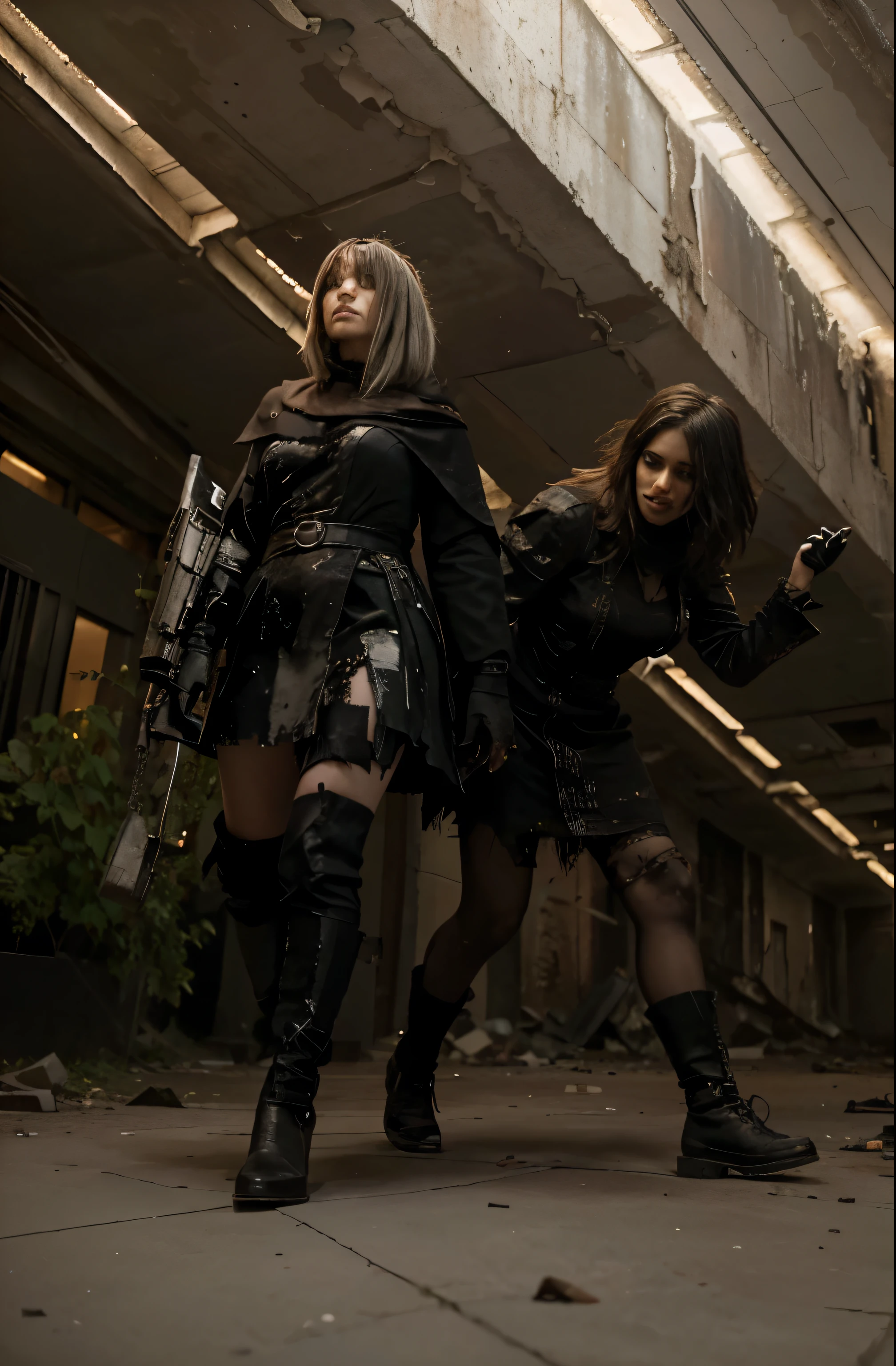 (Best quality, 8k, 32k, Masterpiece, UHD:1.2) Transform the image into the haunting and desolate Copied City from Nier: Automata. Picture a sprawling metropolis consumed by decay, with crumbling skyscrapers reaching towards a dark and ominous sky. The streets are littered with debris and wreckage, and the once bustling thoroughfares now lie silent and empty. Eerie red lights flicker in the darkness, casting long shadows across the ruined landscape. Amidst the ruins, remnants of a forgotten civilization can be seen, hinting at the city's tragic past. In the distance, the haunting melody of a distant song echoes through the empty streets, adding to the sense of loneliness and despair that permeates the air. ((ruins)) ((couple))