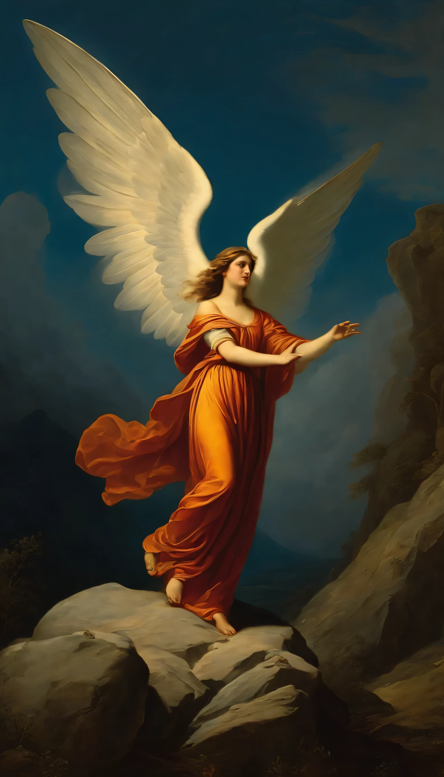 show the depiction of a beautiful female angel with open wings and a silk cloak  over here body coming down from the heaven to earth to help mankind she is located at the top of a mountain while at the bottom of the mountain is a man standig and looking up. the man looks smaler in perspective to the angel  an engraving by Gustave Doré, pixabay, fine art, gustave dore style, gustave dore' background, Gustave Doré style, gustave dore