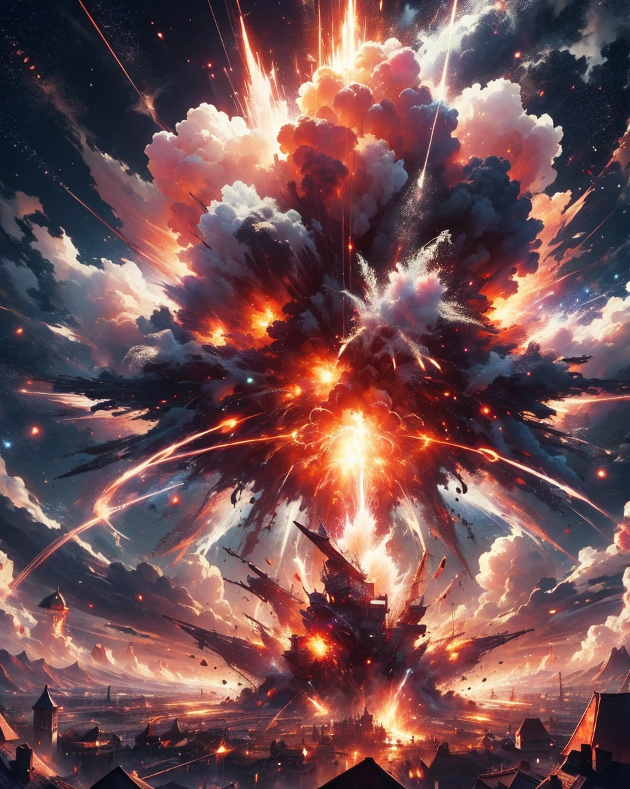 (high quality), wide shot, massive explosion in the distance,