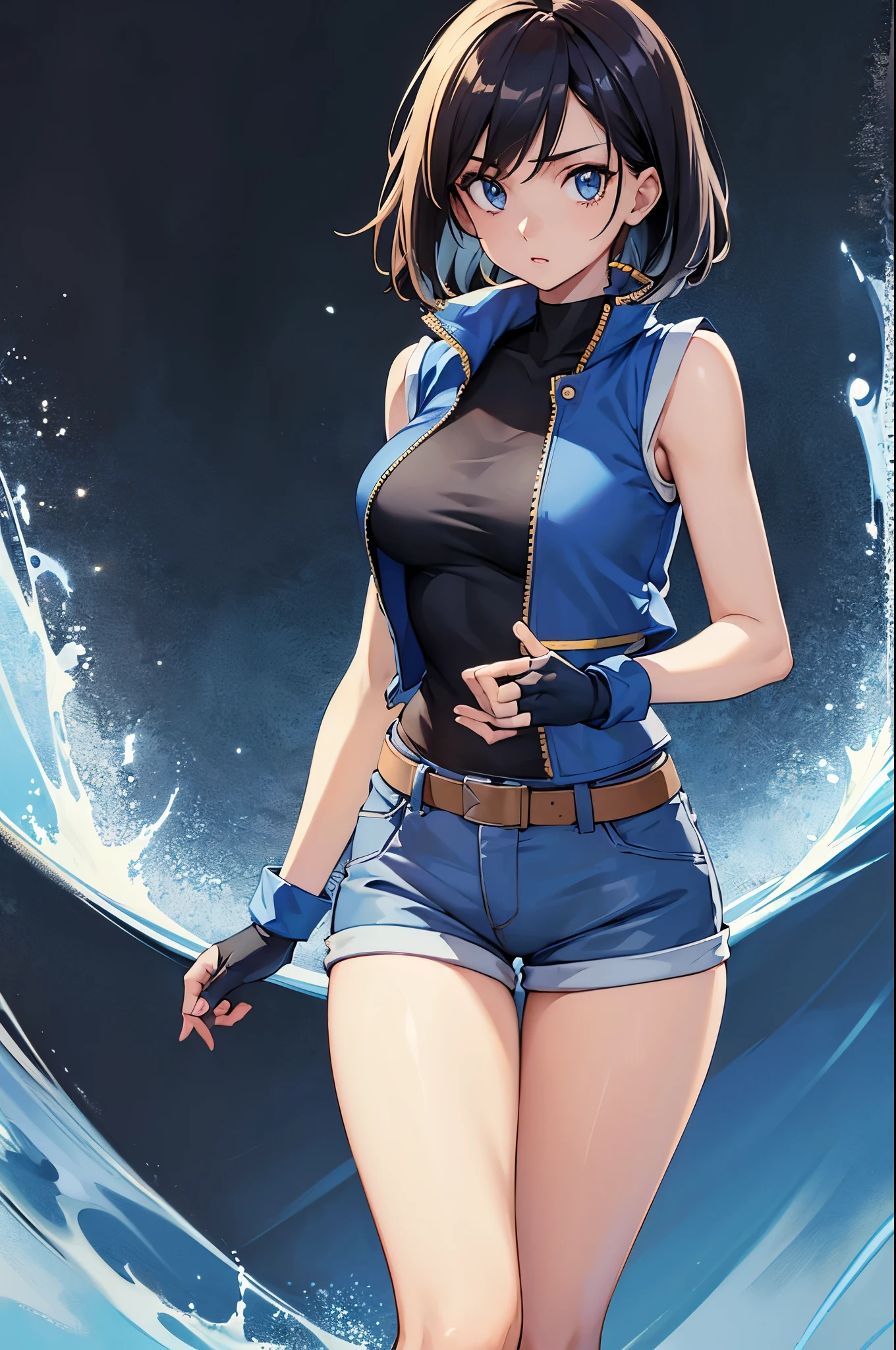 (masterpiece, best quality:1.2), expressive eyes, perfect face, highres, 1girl, solo, (female:1.5), OGAshK, blue jacket, sleeveless jacket, shirt, short sleeves, pants, fingerlss gloves, standing, upper body, looking at the viewer