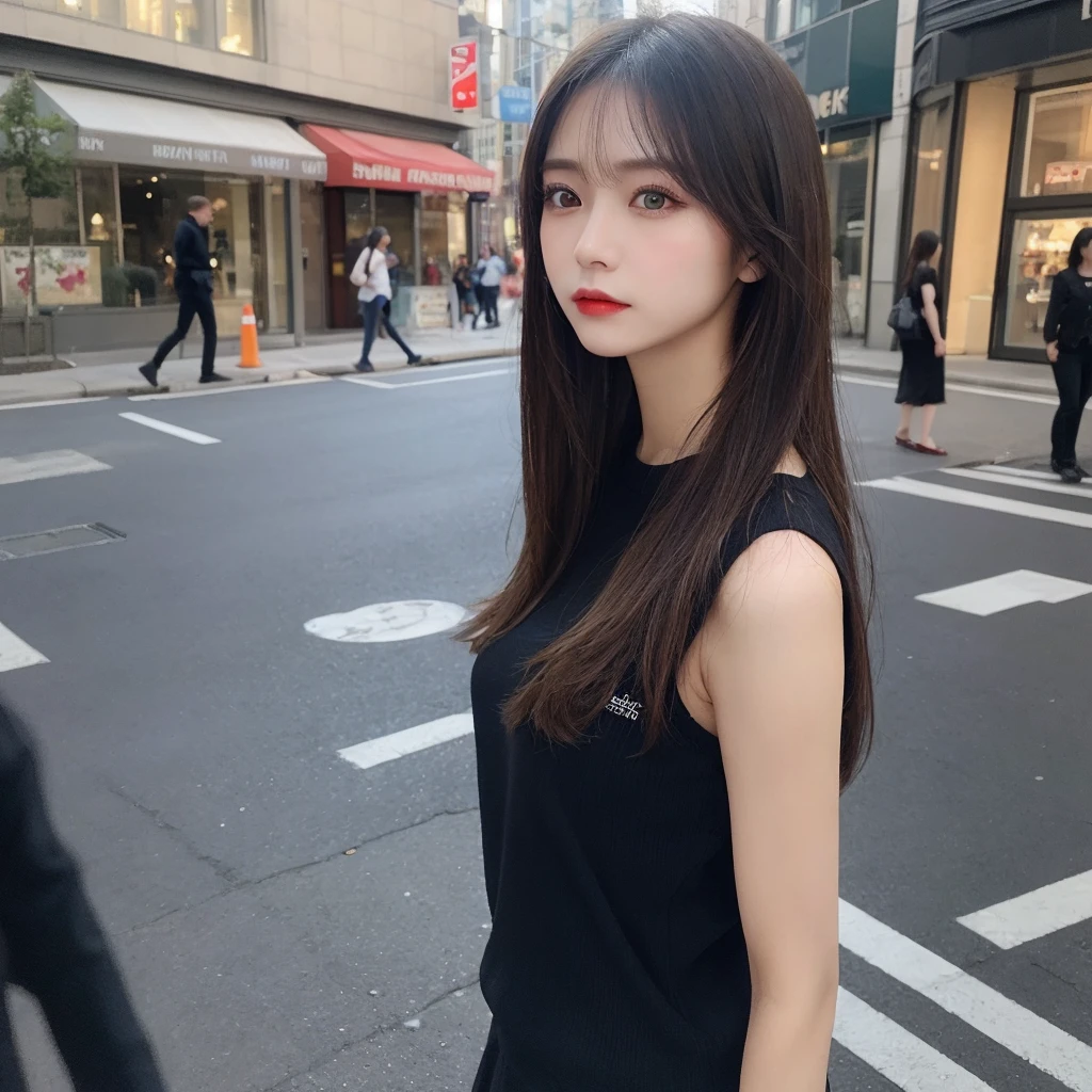 woman, (Realistic), (Hyperrealism), (photoRealistic), Depth of written boundary, eye make up:0.5, (Upper Body:1.2), (Tight waist:0.7), Watching the audience, Casual clothing, On the city streets, alone