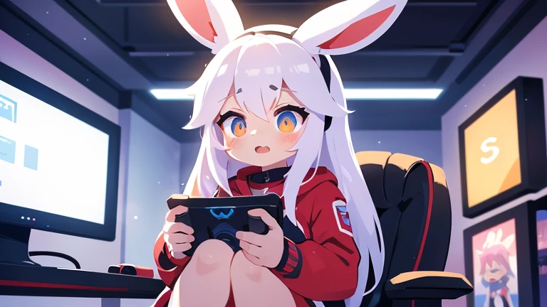 Image Prompt: Electric Big GO Play Mascot - Japanese Anime white hair Bunnygirl Playing Video Games (16:9 Aspect Ratio) Visualize a cozy room illuminated by the soft glow of computer screens, where the mascot of electric GO play, a charming Japanese anime-style bunnygirl, is immersed in the world of video games. Seated comfortably in front of a sleek computer setup, she holds a game controller with a determined expression on her face, fully engaged in the gaming experience. The room is adorned with gaming posters and memorabilia, creating a lively and inviting atmosphere. With every click of the controller and animated reaction to the gameplay, the mascot exudes excitement and enthusiasm for the digital adventures unfolding before her. Against the backdrop of her gaming sanctuary, she epitomizes the joy and passion of gaming culture, inviting viewers to join her on a thrilling journey through the virtual realm.