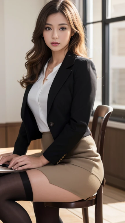 highest quality,Best image quality,Ultra-high resolution,8K,(Hyperrealism:1.1),High saturation,(Realistic:1.2),Accurate anatomy,Depth of written boundary,Ideal Body,Adult women,Japanese,cute,Adult expression,Adult sex appeal,long black wavy hair,(Droopy eyes:1.2),slightly thick lips,Rounded ass,big butt,Realistic Skin,(sunburned:1.4),(Wheat skin:1.4),Height: 164cm,The whole body is visible,(secretary:1.4),(女性のsecretaryと男性の社長:1.4),(woman is standing:1.4),(Man sitting on a chair:1.4),(One woman and one man:1.4),(Holding a file in his left hand:1.2),(Holding a pen in his right hand:1.2),President's office,(Dark beige tight skirt:1.2),(Slit in skirt:1.2),(White buttoned blouse:1.2),(Black jacket:1.2),(Black fine-grained stockings:1.2),(Black Stockings:1.2),