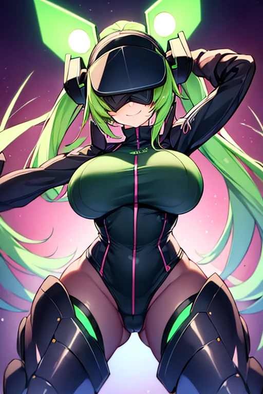1girl, green hair, vr visors, visors, head-mounted display, ((covered eyes)), covered eyes, bodysuit, black bodysuit, science-fiction, machinery, futuristic, tech, neon, neon trim, large breasts, thick thighs, wide hips, swaying hips, hip sway, sway, arms behind back, arms up, smile, anime style, anime screencap, 2d, ((bouncing breasts)), bouncing breasts