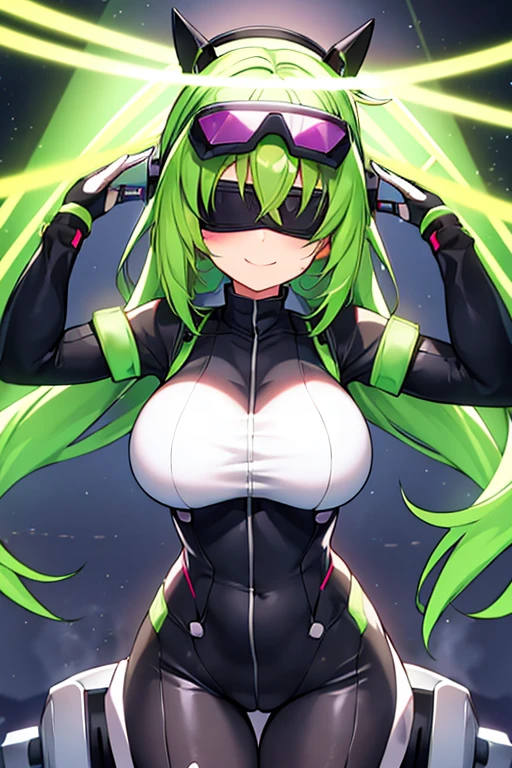 1girl, green hair, vr visors, visors, head-mounted display, ((covered eyes)), covered eyes, bodysuit, black bodysuit, science-fiction, machinery, futuristic, tech, neon, neon trim, large breasts, thick thighs, wide hips, swaying hips, hip sway, sway, arms behind back, arms up, smile, anime style, anime screencap, 2d, ((bouncing breasts)), bouncing breasts