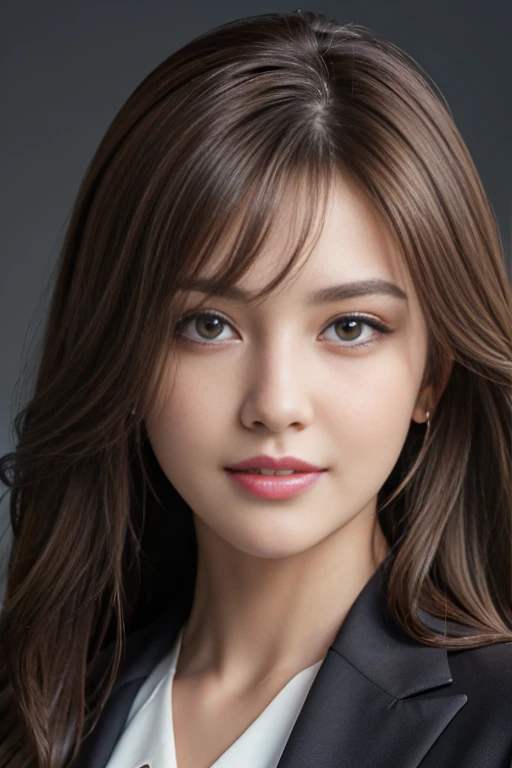 masterpiece, highest quality, Realistic, Very detailed, Attention to detail, High resolution, 8k wallpaper, One beautiful woman,, Light brown messy hair, Wear a business suit, Sharp focus, Perfect dynamic composition, Fine and beautiful eyes, Thin Hair, Detailed and Realistic skin texture, smile, Close-up portrait, Model Body Type