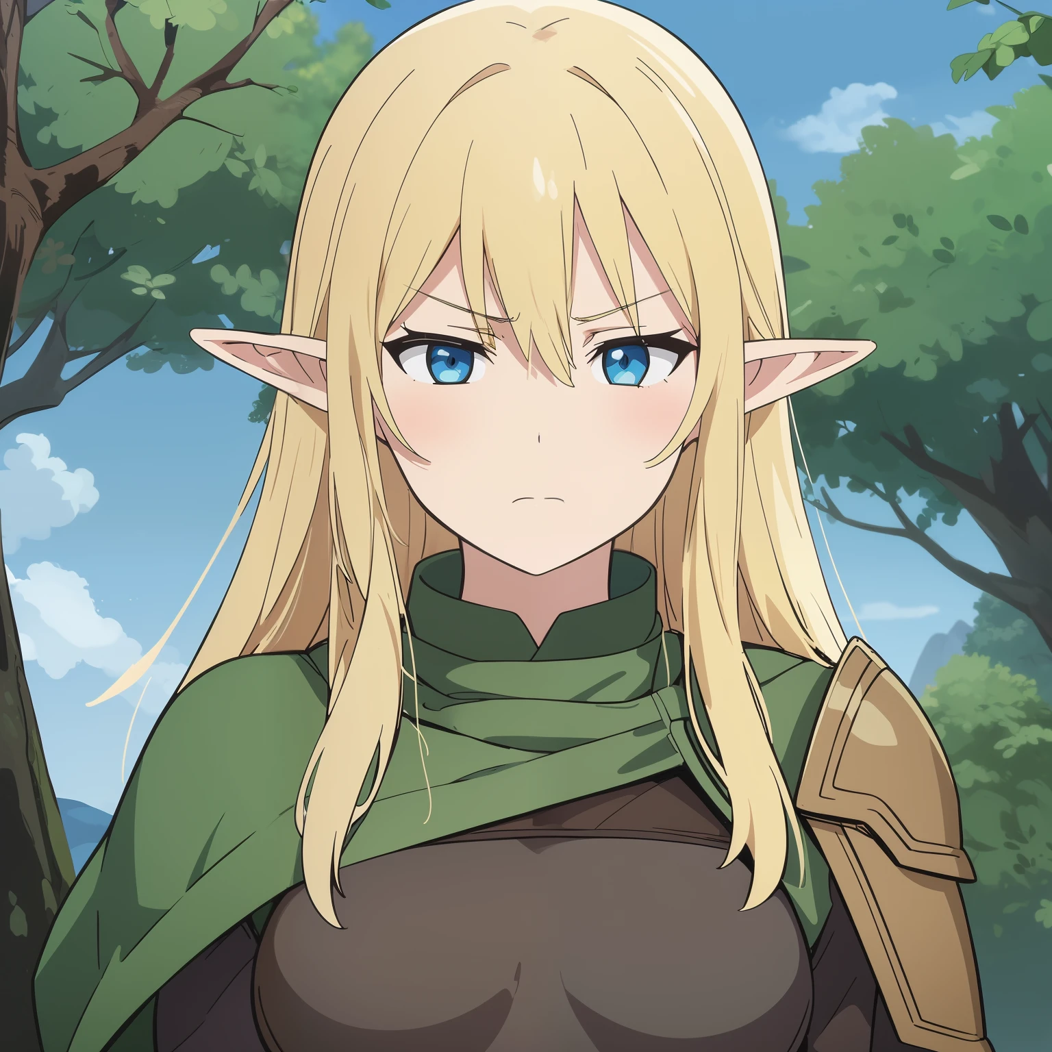 high quality, masterpiece. elf girl. Blonde hair. gloomy face. Blue eyes. green raincoat, Leather brown armor. against the background of the forest and the sky.