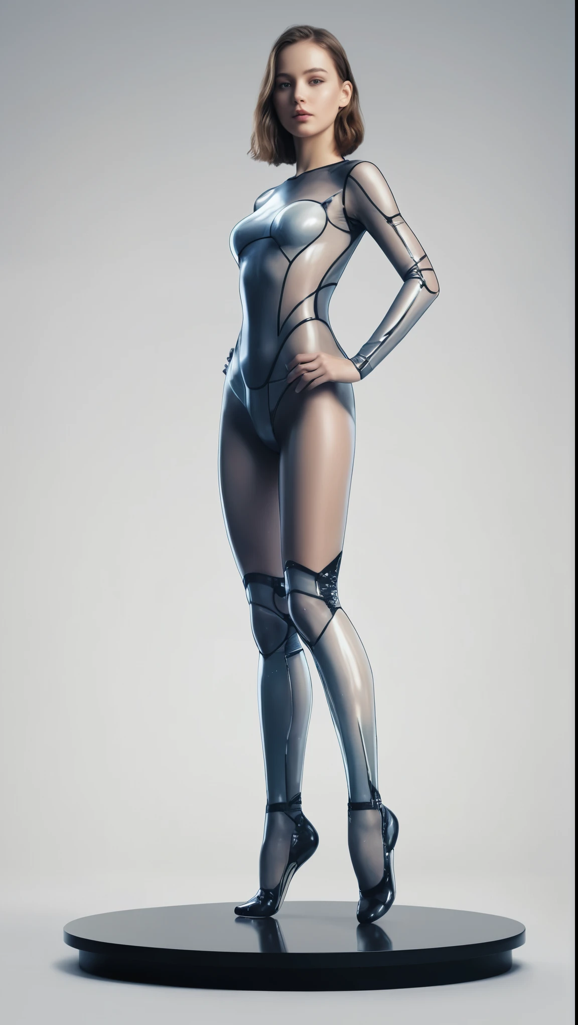An illustrated movie poster of an android girl, 21 years-old, artificial skin, wearing a transparent leotard, tall, hourglass figure, wide hips, big butt, posing on a pedestal, /2.8, cinematic, high quality, skin texture, looking at the camera hard shadows, graphite shading, stencil marks, airbrushed acrylic paint, masterpiece