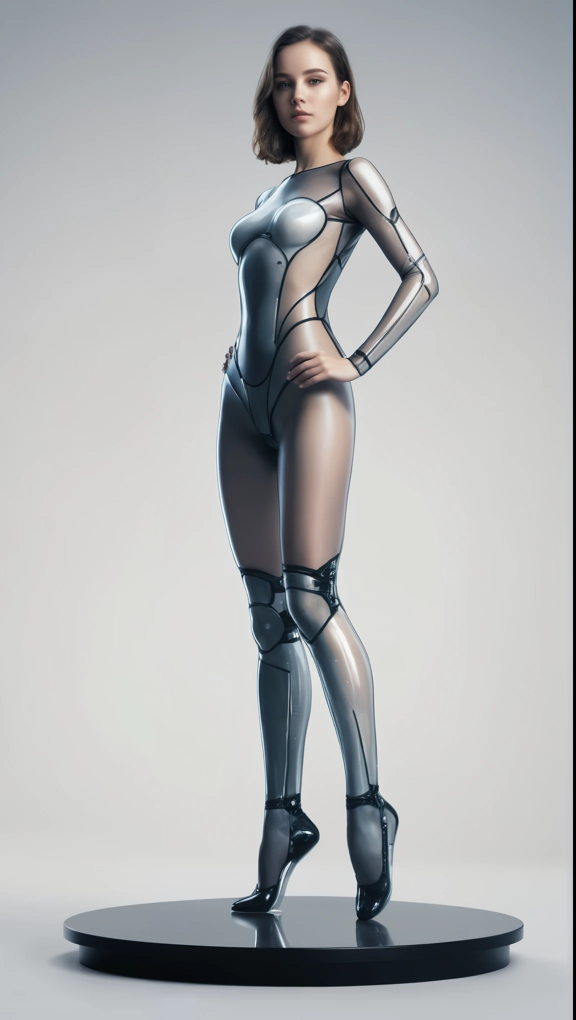 An illustrated movie poster of an android girl, 21 years-old, artificial skin, wearing a transparent leotard, tall, hourglass figure, wide hips, big butt, posing on a pedestal, /2.8, cinematic, high quality, skin texture, looking at the camera hard shadows, graphite shading, stencil marks, airbrushed acrylic paint, masterpiece