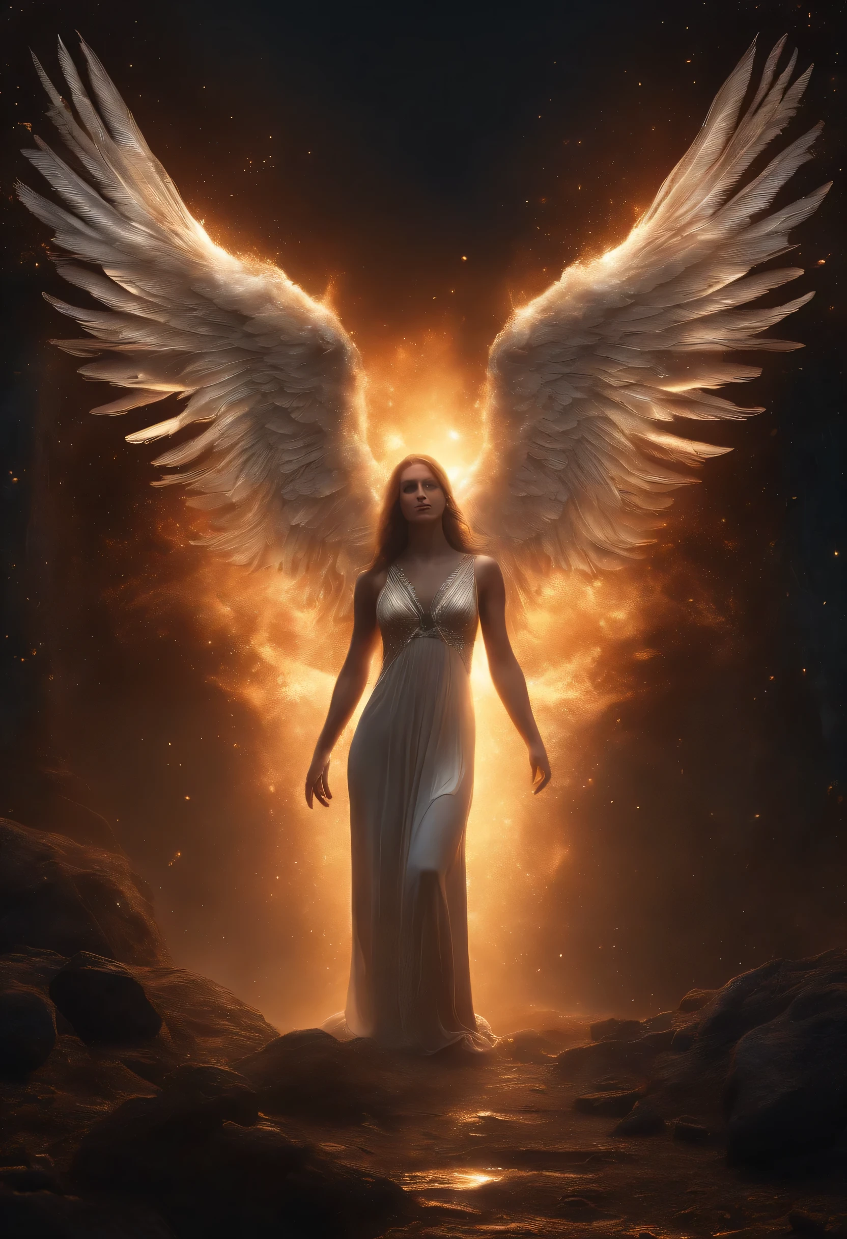 (best quality,4k,8k,highres,masterpiece:1.2),ultra-detailed,(realistic,photorealistic,photo-realistic:1.37),Cosmic Fallen Angel,glowing light eyes,Biomechanical,eerie,Creepy,nightmarish,Very bright colors,Light particles,with light glowing,Mshiff,wallpaper art,UHD wallpaper