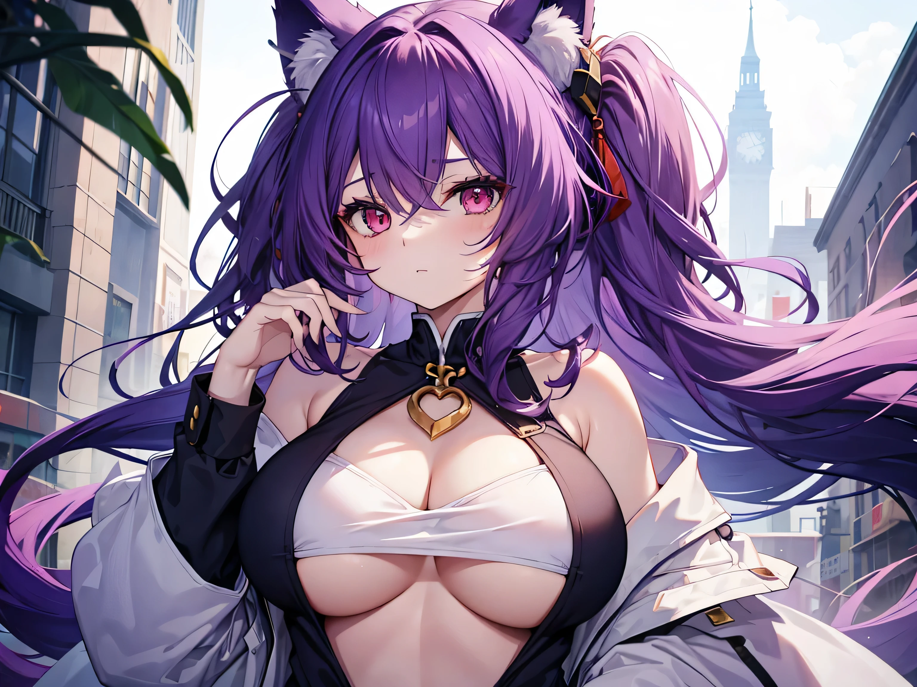 fox girl, big breasts, purple hair, masterpiece , red eyes, hd, Head to Chest, buried in my chest、underboob