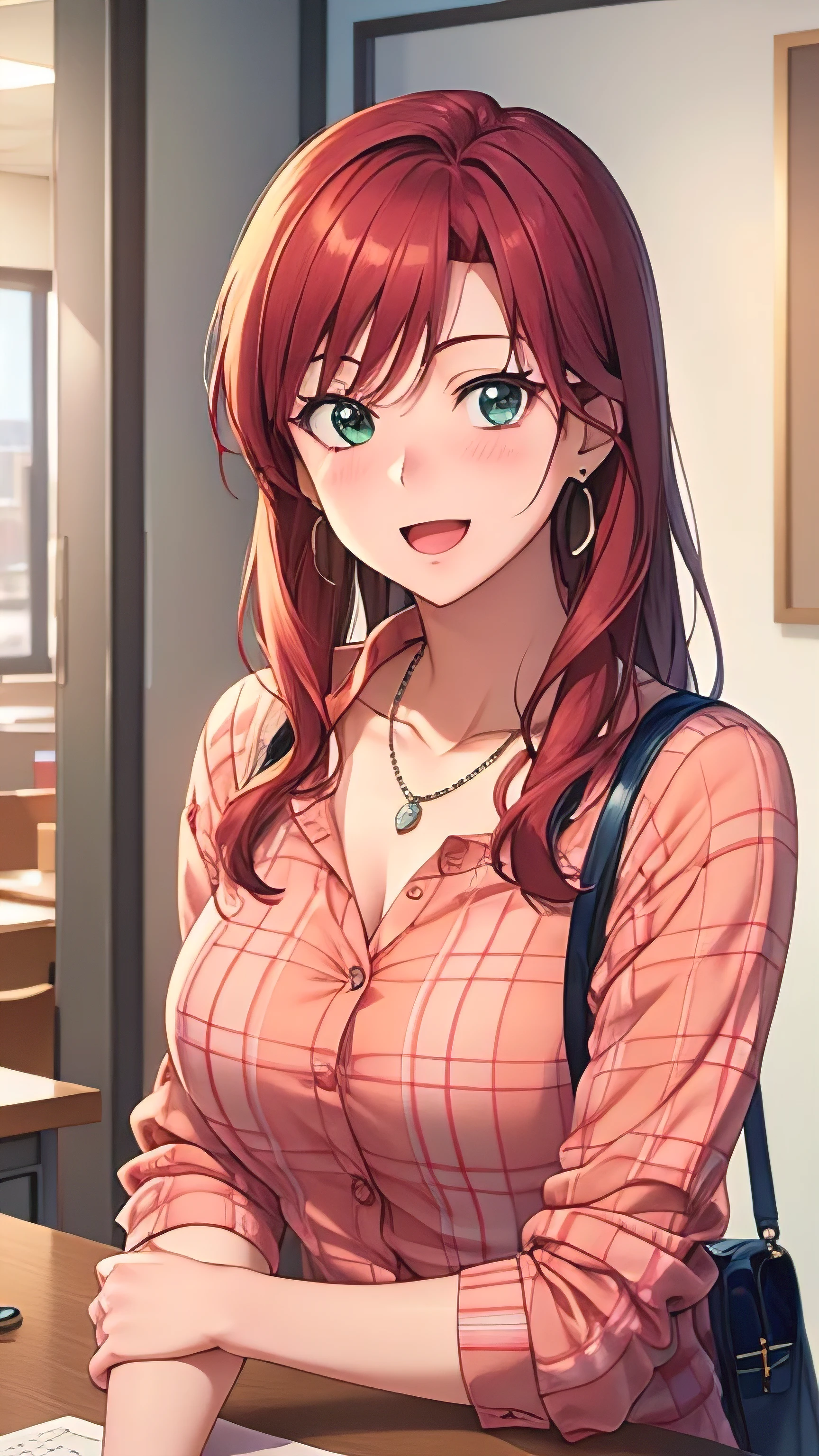 masterpiece, best quality, high resolution, UHD, RTX, pixel perfect, depth of field, 4k, highly detailed, 1 girl, single, solo, beautiful anime girls, beautiful art style, anime characters, long hair, parted bangs, middle part bangs hair, red hair, green eyes:1.4, round eyes, beautiful eyelashes, realistic eyes, detailed face, blush:1.2, fine texture:0.75, realistic texture:0.65, photorealistic:1.1, CG anime style, bright color, medium breasts , dynamic angle, perfect body, first point of view, dynamic pose, looking at the viewer, wearing a red checkered shirt, white t-shirt under the red shirt, blue jeans, bra visible through the t-shirt, fashionable, single handbag, 1 diamond necklace , cute earrings, warm smile, open mouth, shy, office space, leaning forward