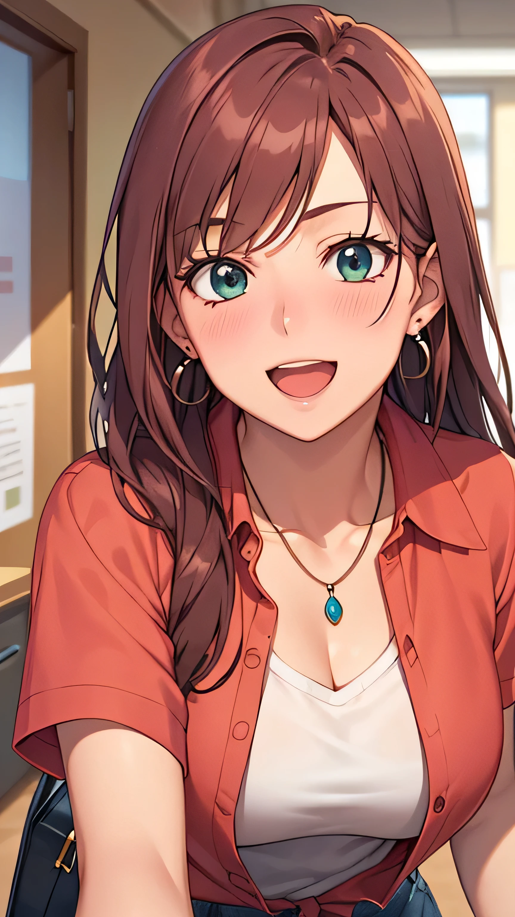 masterpiece, best quality, high resolution, UHD, RTX, pixel perfect, depth of field, 4k, highly detailed, 1 girl, single, solo, beautiful anime girls, beautiful art style, anime characters, long hair, parted bangs, middle part bangs hair, red hair, green eyes:1.4, round eyes, beautiful eyelashes, realistic eyes, detailed face, blush:1.2, fine texture:0.75, realistic texture:0.65, photorealistic:1.1, CG anime style, bright color, medium breasts , dynamic angle, perfect body, first point of view, dynamic pose, looking at the viewer, wearing a red checkered shirt, white t-shirt under the red shirt, blue jeans, bra visible through the t-shirt, fashionable, single handbag, 1 diamond necklace , cute earrings, warm smile, open mouth, shy, office space, leaning forward