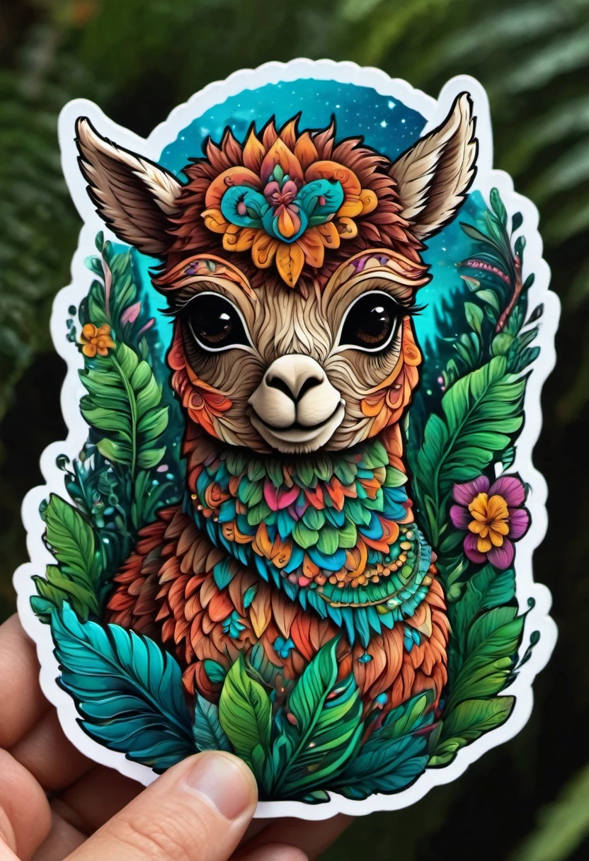 (best quality, highres, ultra sharp), magical ,cute Alpaca, in the jungle, zentangle, full colored, 3d crunch, on a sticker holded by a hand, first person,