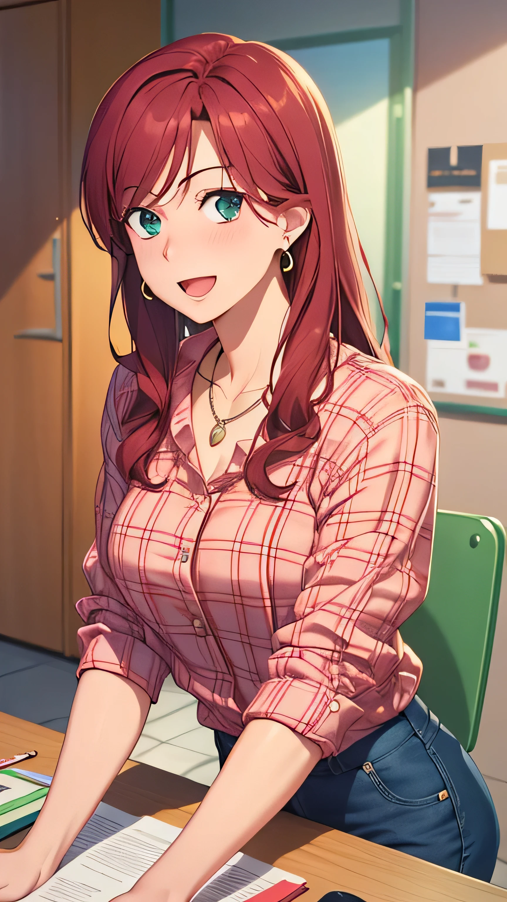 masterpiece, best quality, high resolution, UHD, RTX, pixel perfect, depth of field, 4k, highly detailed, 1 girl, single, solo, beautiful anime girls, beautiful art style, anime characters, long hair, parted bangs, middle part bangs hair, red hair, green eyes:1.4, round eyes, beautiful eyelashes, realistic eyes, detailed face, blush:1.2, fine texture:0.75, realistic texture:0.65, photorealistic:1.1, CG anime style, bright color, medium breasts , dynamic angle, perfect body, first point of view, dynamic pose, looking at the viewer, wearing a red checkered shirt, white t-shirt under the red shirt, blue jeans, bra visible through the t-shirt, fashionable, single handbag, 1 diamond necklace , cute earrings, warm smile, open mouth, shy, office space, leaning forward