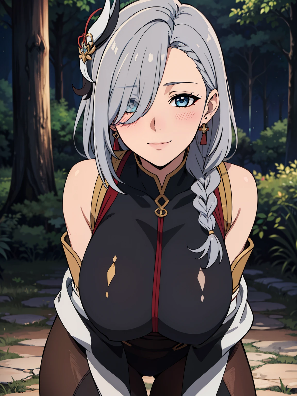 all fours, earrings, braided hair, bodysuit, hip vent, (night forest background), starry night, ShenheV4, anime cels style, best quality, high resolution, 1girl, (huge breasts:1.2), beautiful face, grey hair, long hair, hair ornament, (hair over one eye), blue eye, cowboy shot, smiling, blushing