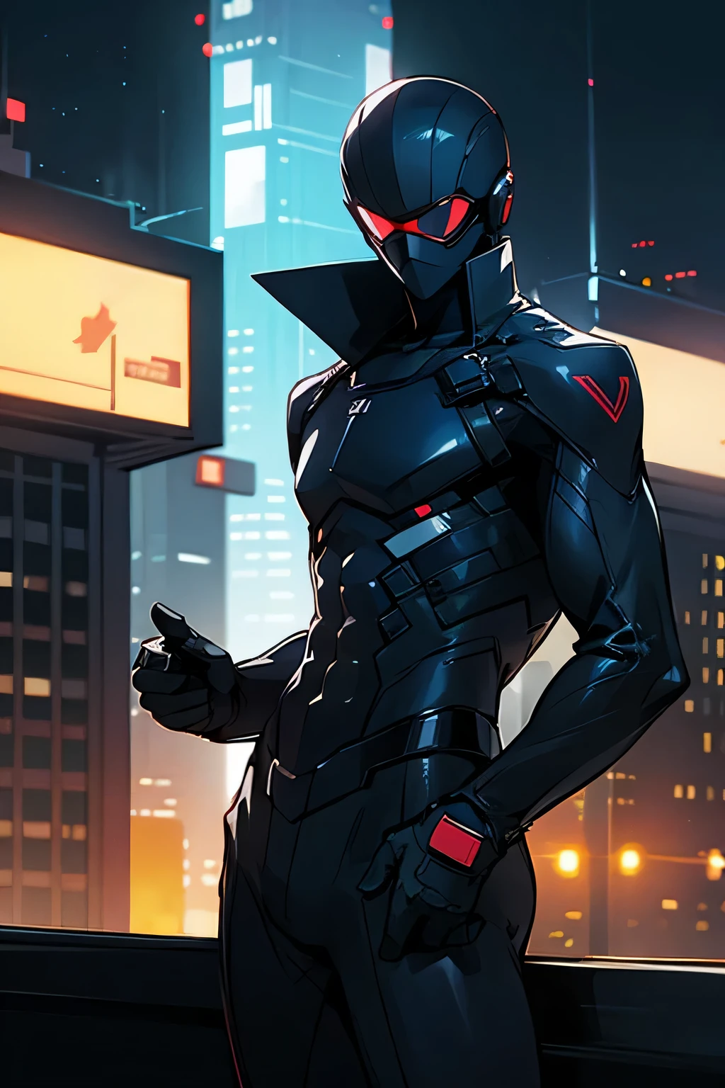 one man, muscular man, black hair, short hair, black mask, futuristic clothes, tight suit, black suit