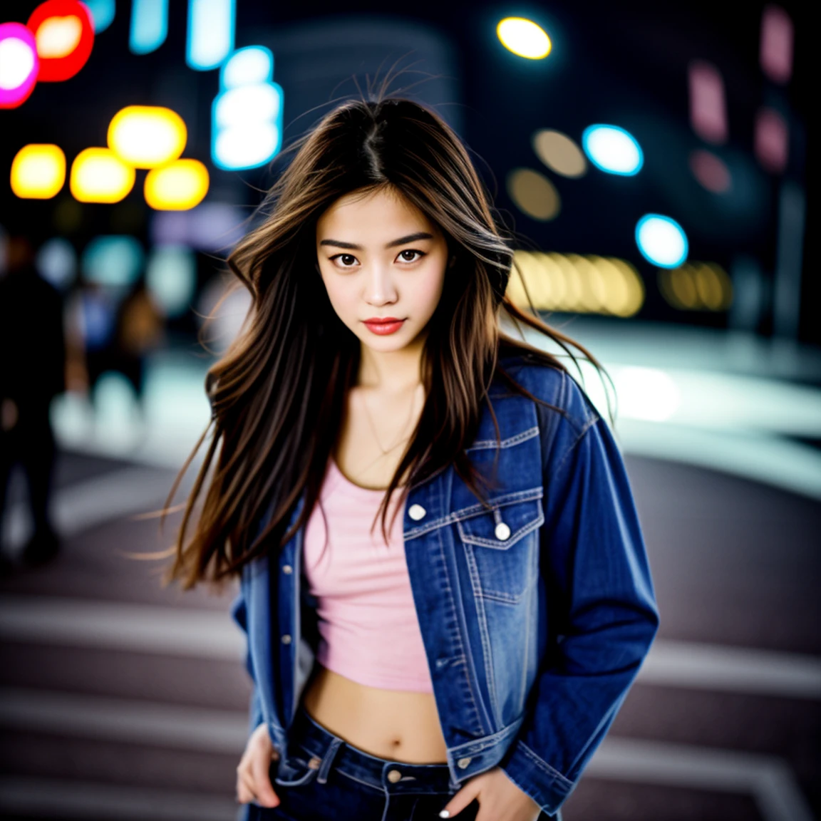Young Asian woman, 25 years old,Wear a short jean jacket, pink shirt , Long hair blows up in the wind., Looking straight ahead, Action with various seductive poses, Have a strong, perfect stomach., On the city streets at night, 8K photos, Shot with a bright, high-quality Fuji camera. 45,000,000 pixels, Too realistic,