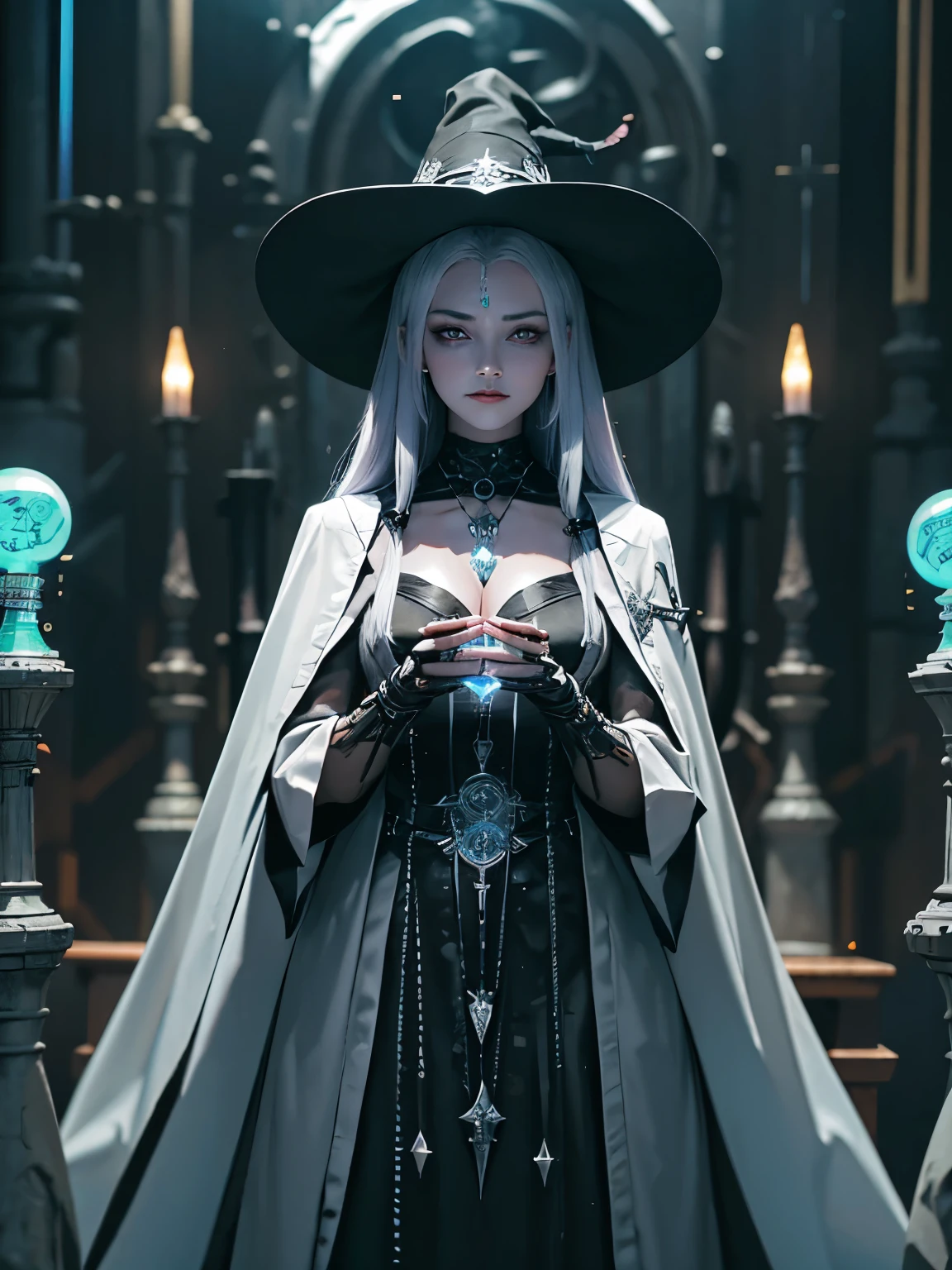 create a scene that depicts a modern-day witch who has embraced the world of cybernetics to enhance her magical abilities. The artwork should convey the enchanting blend of traditional witchcraft and futuristic technology. Here are some specific elements to include: The Witch's Lair: The setting should be a cozy yet slightly eerie room, filled with magical books, crystal balls, potion ingredients, and antique furnishings. The room should be dimly lit by candles and a soft, mystical glow emanating from her cybernetic enhancements. The Cyborg Witch: The central focus of the artwork is the witch herself. She's a striking figure with a mix of traditional witch attire and cybernetic enhancements. Her clothing should have a witchy, occult aesthetic, with flowing robes, a pointed hat, and an intricate pentagram necklace. Her arms, however, have been upgraded with cybernetic components that incorporate magical symbols and glowing runes. Magical Interface: The witch is in the midst of casting a spell, with a holographic, touch-screen interface floating before her. This interface includes spell incantations, arcane symbols, and digital components, demonstrating her fusion of magic and technology. Spell Ingredients: On a nearby table, there should be a collection of spell ingredients, like herbs, potions, and magical artifacts. Some of these items may have been modified with cybernetic enhancements, blurring the line between the natural and the technological. Familiar: The witch's familiar, perhaps a cat or raven, should be present in the scene, serving as her magical companion. The familiar could also have subtle cybernetic enhancements or glowing eyes. Glowing Runes: The room should be adorned with ancient symbols and glowing runes on the walls and floor, contributing to the magical atmosphere. Aetherial Lighting: Use a combination of mystical, ethereal lighting and cybernetic glows to create a captivating interplay of light and shadow. The contrast between the tradit