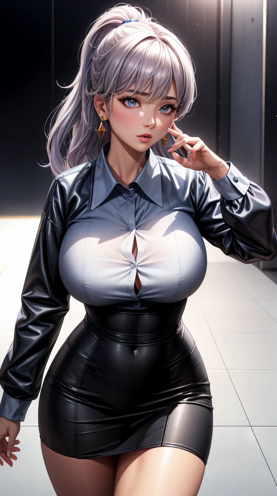 (best quality:1.5, highres, UHD, 4K, detailed lighting, shaders), gray floral haired, gradient hair, large breasts, suit, gray shirt, social shirt, short skirt, mature woman , (pov), white background, colorful eyeshadow, dramatic lighting, sparkling eyes, sensual expression, golden earrings, flowing hair, delicate facial features, dark skin, high cheekbones, urban setting, white background, dont look for the camera,  behind  the camera