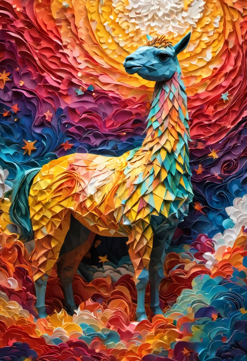 (best quality,4k,8k,highres,masterpiece:1.2),ultra-detailed,realistic,photorealistic:1.37,hdr,studio lighting,sharp focus,professional,vivid colors,bokeh,portraits,colorful color harmony,soft natural lighting,whimsical and vibrant atmosphere,beautifully illustrated stylized characters with intricate details,ethereal and dreamlike background with swirling patterns,twinkling stars,mesmerizing and vibrant celestial colors,dynamic and energetic composition,paper-cut elements to enhance depth and texture,impressive and intricate origami creatures,fantastical explosions of light and color,graceful movements and poses by the Alpaca,narrative storytelling through visual elements,illusion of movement and fluidity,depth and dimension in the artwork,rich color palette inspired by Van Gogh's iconic style,elegant and flowing brushstrokes,emotional and expressive artwork.