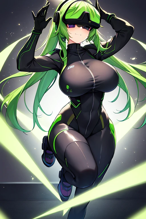 1girl, green hair, vr visors, visors, head-mounted display, ((covered eyes)), covered eyes, bodysuit, black bodysuit, science-fiction, machinery, futuristic, tech, neon, neon trim, large breasts, swaying hips, hip sway, sway, arms behind back, arms up, smile, ((bouncing breasts)), bouncing breasts, standing, full body, ((full_body))