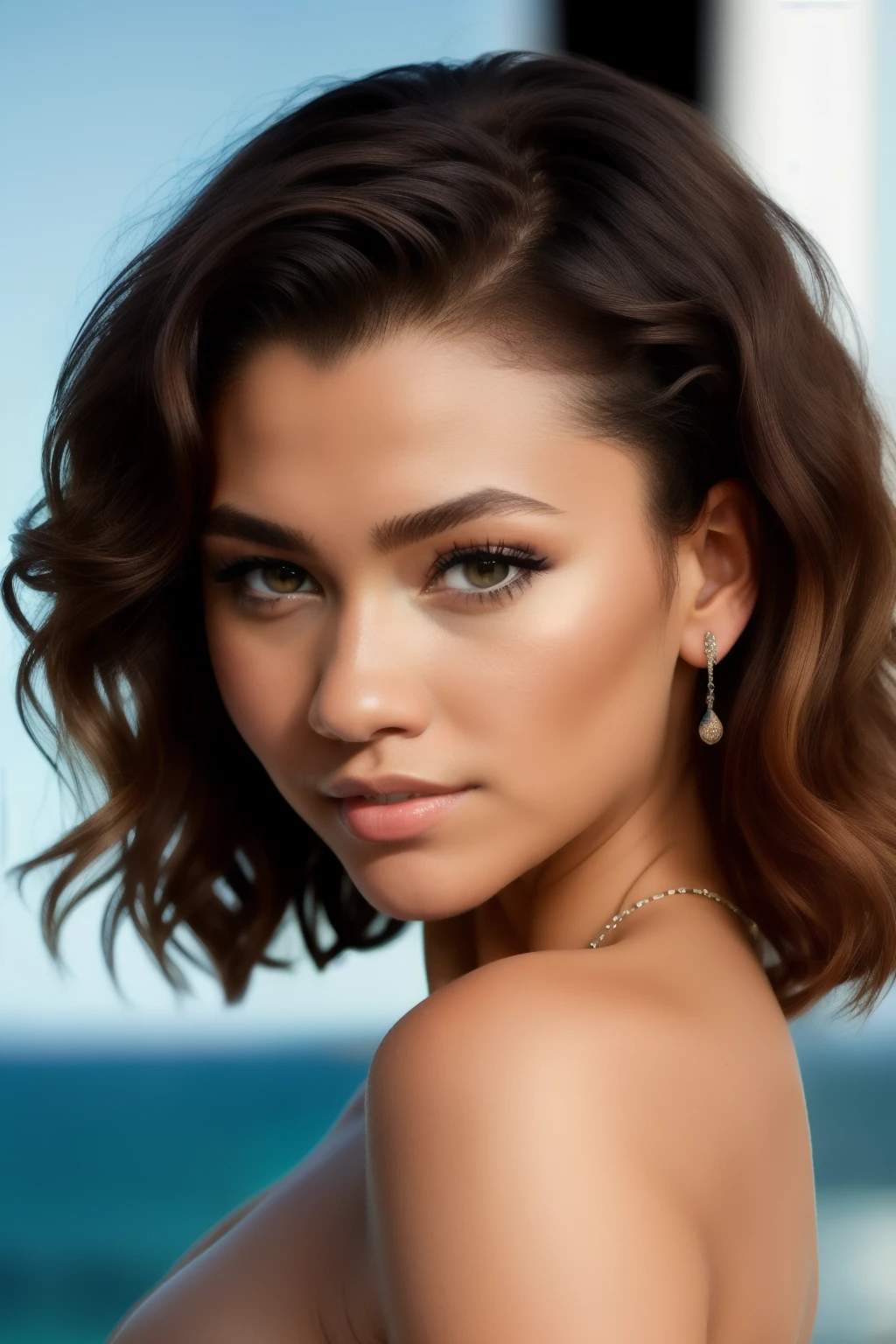 photo of zendaya a woman as a movie star, modelshoot style, (extremely detailed CG unity 8k wallpaper), Intricate, High Detail, Sharp focus, dramatic,photorealistic painting art by midjourney and greg rutkowski , (waist chain), ((movie premiere gala)), (((((nude))))),((big boobed)),(((curvybody))) ,((wide hips)),((big butt)),(((thick thighs))), (looking at viewer), (detailed pupils:1.2),