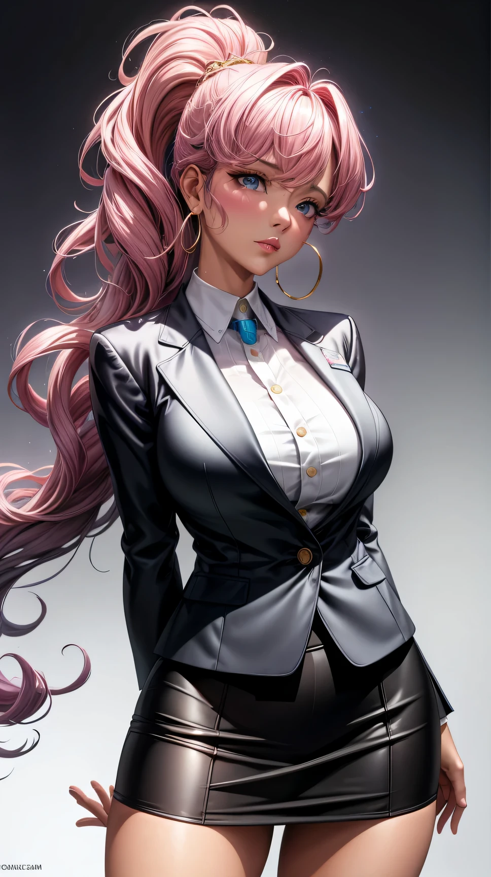 (best quality:1.5, highres, UHD, 4K, detailed lighting, shaders), pink curly haired, gradient hair, large breasts, suit, gray shirt, social shirt, short skirt, mature woman , (pov), white background, colorful eyeshadow, dramatic lighting, sparkling eyes, sensual expression, golden earrings, flowing hair, delicate facial features, dark skin, high cheekbones, urban setting, white background, dont look for the camera, behind the camera
