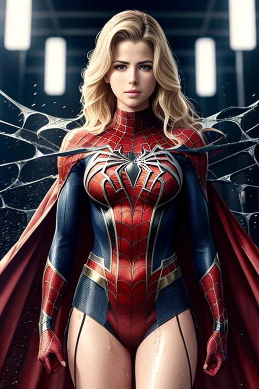 Emily Bett Rickards、マーベル・コミック映画のPoster, Very beautiful, movies about spiderman, sexy, whole body, I'm wearing a skirt、premiere date, Poster、belly buttonを突き出す、new york、she's wearing a torn spiderman suit,the suit is torn、Wearing a skirt、 Red and black color scheme,dynamic、masterpiece、highest quality、Ultra-detailed、Very detailed、A delicate and beautiful shine、超A high resolution、Cinematic,Break,Breakdrop,(Torn clothes:1.5), (Wet clothes:1.4), Bare shoulders,Real Rain,Wet Hair,belly button、Exposing Skin、sexyな肩を見せてる