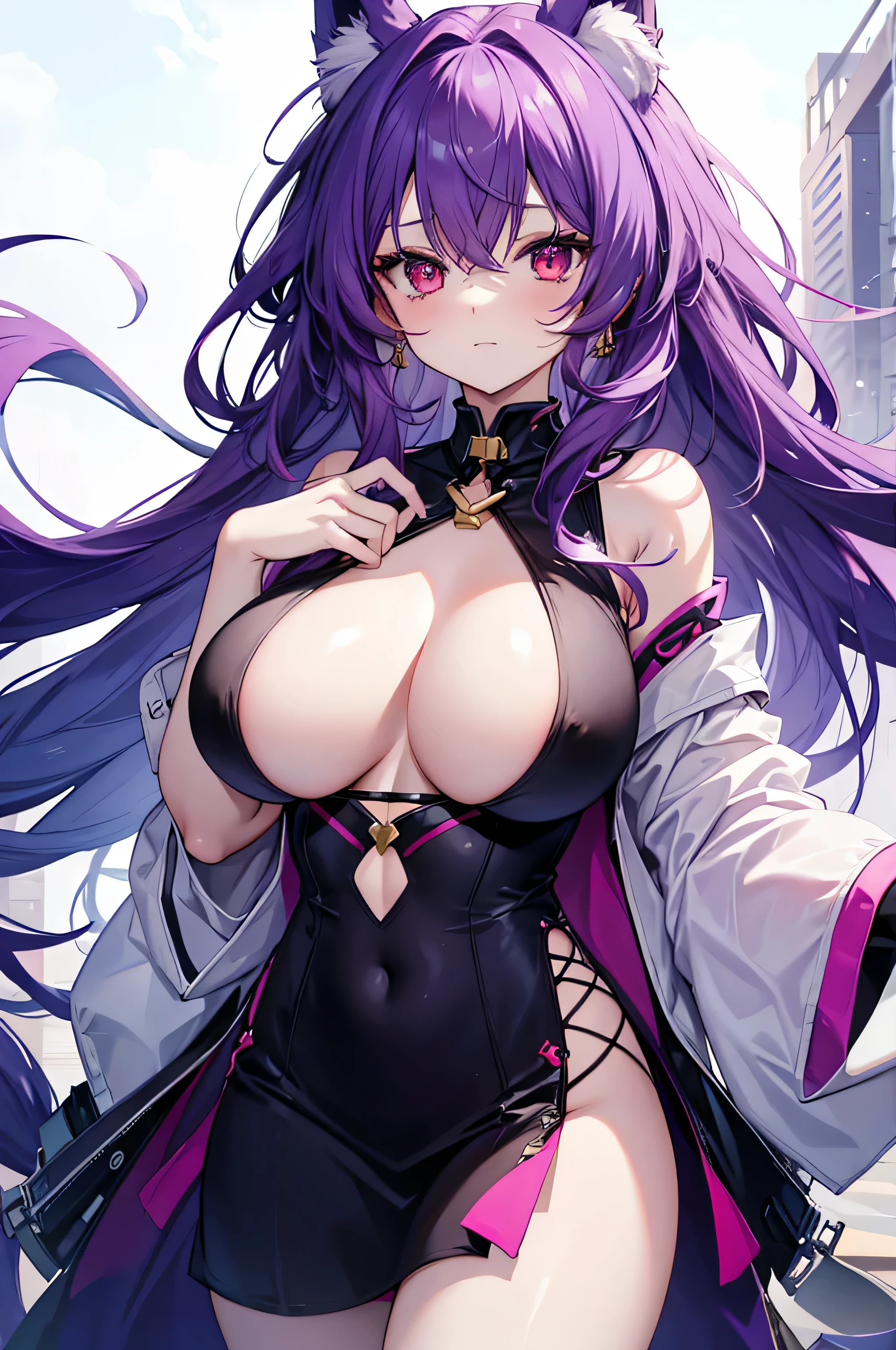 fox girl, big breasts, purple hair, masterpiece , red eyes, hd, Head to Chest, buried in my chest、underboob