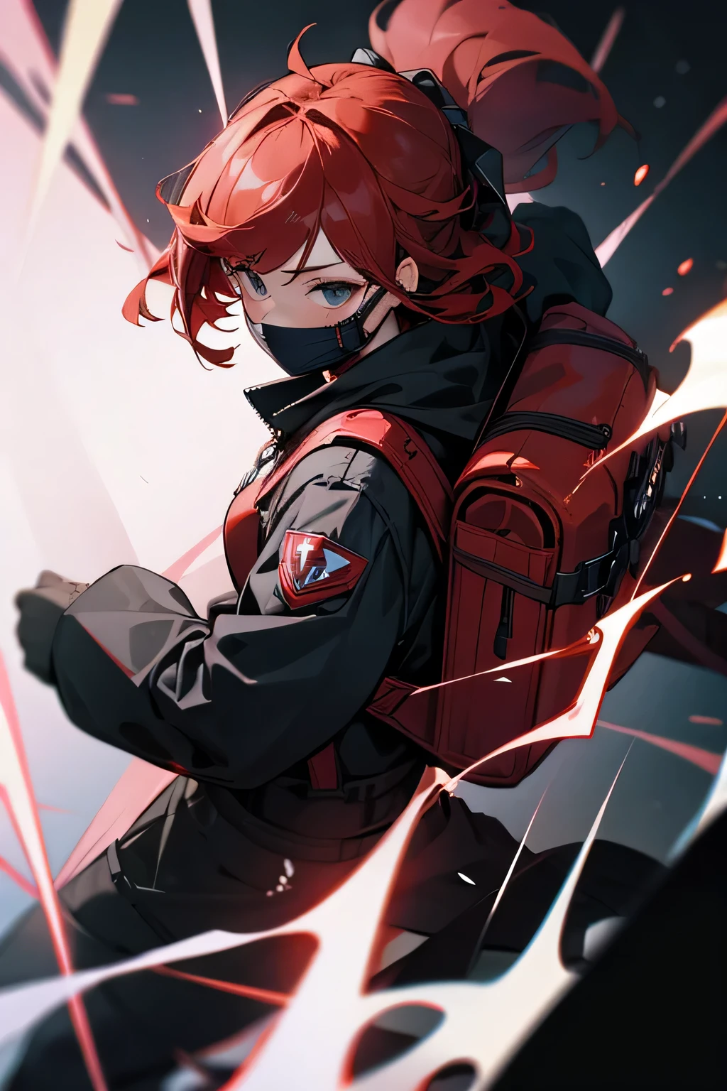 Female, backpack, powers, mask, red hair
