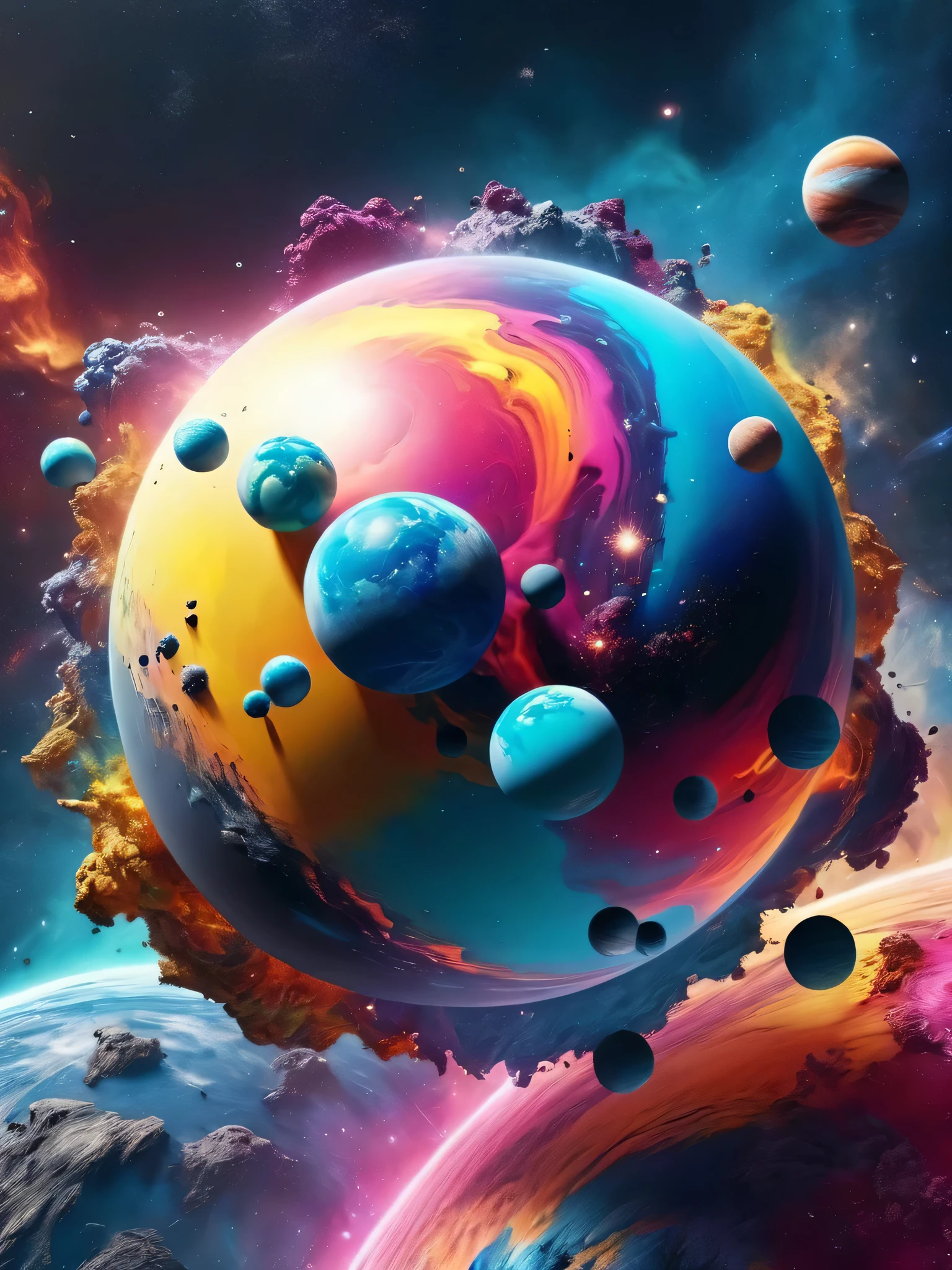 ultra realistic 8k cg, flawless, clean, masterpiece, professional artwork, famous artwork, cinematic lighting, cinematic bloom, abstract and colorful paint style, background focus,painted world, colorful splashes, deep space, space smoke, stars, planets, cosmic, (((elegiac aura))), by Jeff Koons