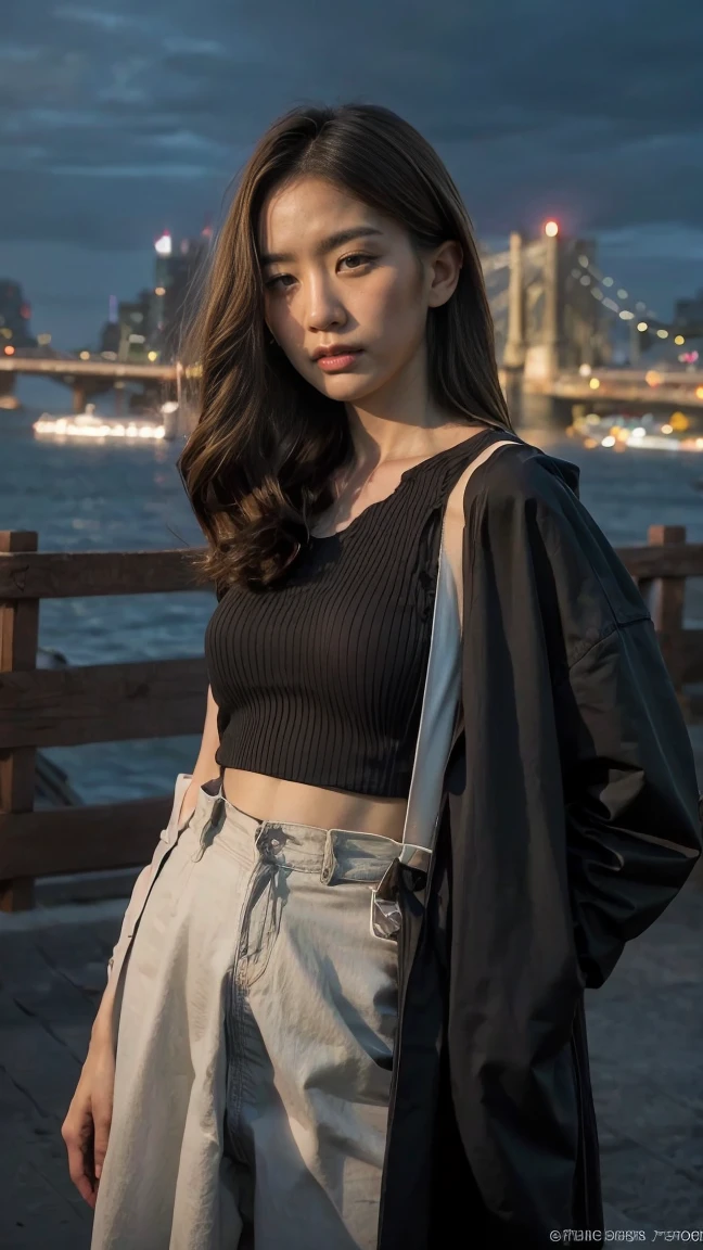 1 Girl, (Looking at the audience:1.2), Facial details, (Standing girl, rending on cgsociety, Black Shadow, stream media, New York Background), , atmosphere, (original photo, best quality), (Practical, photo-Practical:1.3), masterpiece, extremely delicate and beautiful, Extremely detailed、Night view、(Depth of Field:1.3)、Models behind the scenes