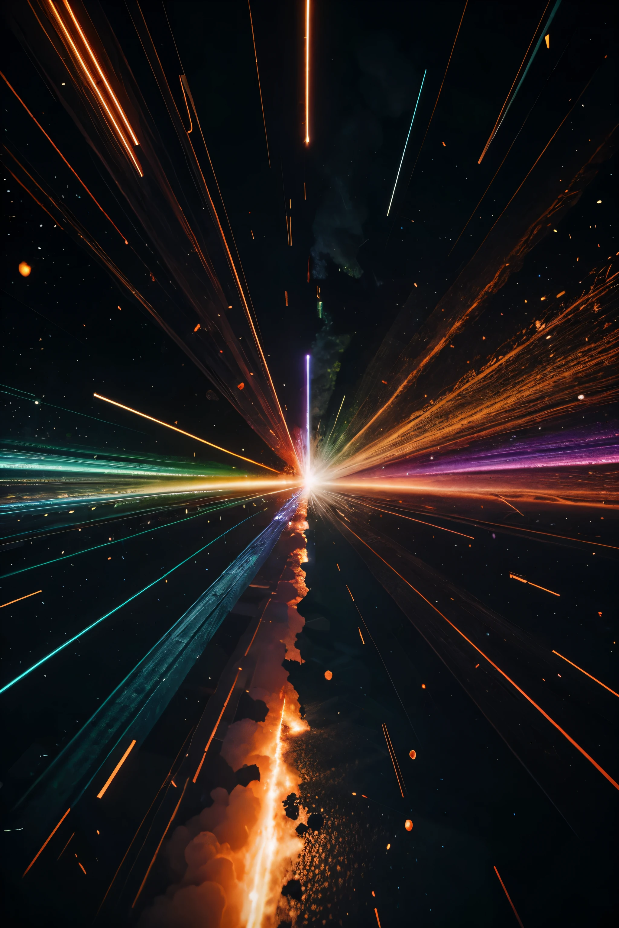 A violent collision that causes an explosion of colors and particles
