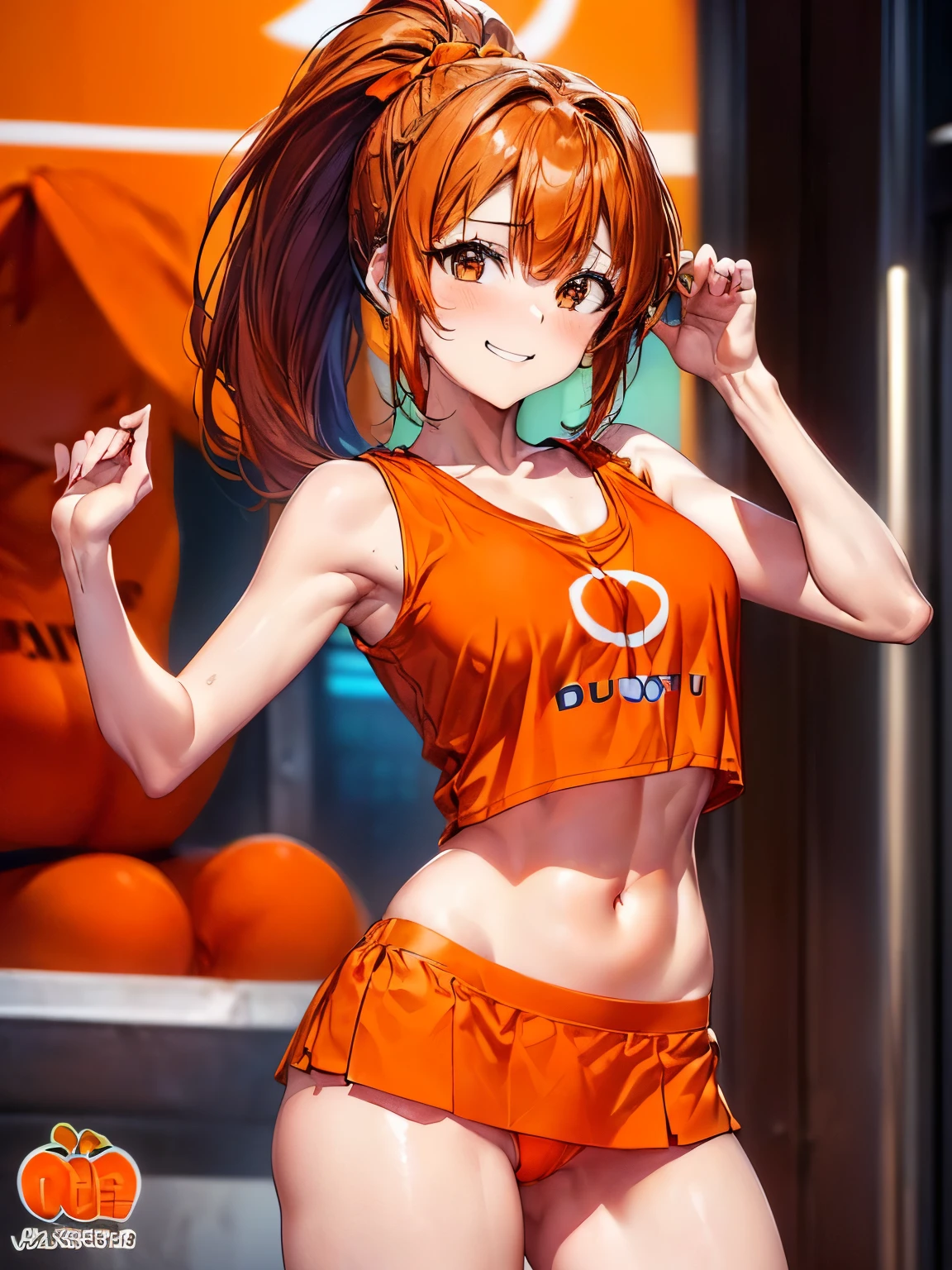 highest quality、Nice sexy body、One Woman、solo、((Beautiful busty woman:1.3))、((Brown haired woman:1.3))、((Woman with ponytail))、long hair woman、Cheerleader、(((A woman wearing an orange short top with a logo:1.3)))、Woman exposing her belly、(((A woman wearing an orange miniskirt)))、(((Woman wearing orange panties)))、baseball stadium、A big smile、dancing