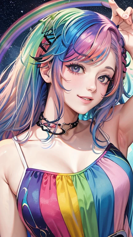 (masterpiece, highest quality, highest quality,watercolor (Moderate),Official Art, beautifully、aesthetic:1.2),(One man:1.3), (Fractal Art:1.3),Upper Body, From the side, View your viewers,pattern,(Rainbow Hair,colorful hair,half blue、half pink hair:2.1),18 year old male,Handsome,manly face,Stocky shoulders,veryshort hair,White clothes,Fantastic clothes,smile,water,liquid, cloud,colorful, universe,Starry sky,performer,