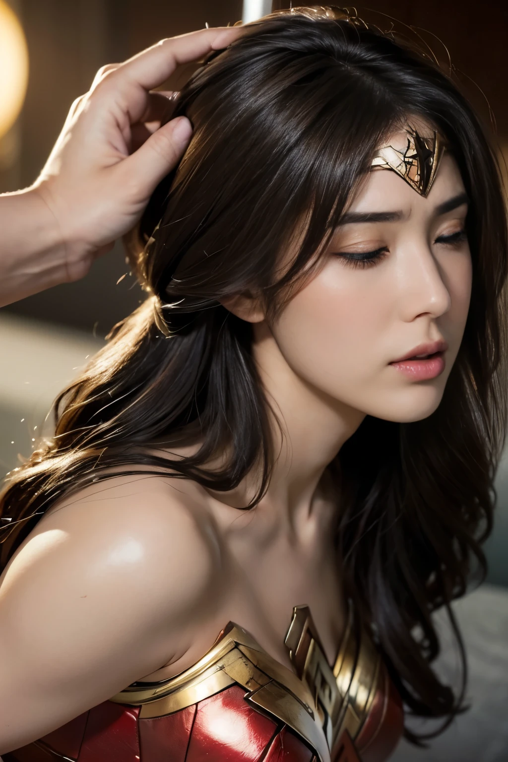 From the side,perfect wonder woman costume,Get on all fours,sleeping face,Close ~ eyes,Open your mouth,Tired face,Face of Suffering,sky face,sleeping face,Fight with the men,Surrounded by men,,caught between men,obsessed with men,Entanglement with men, Attacked by men,assaulted by men,Being bullied by a man,Sexually abused by a man,Captured by a man,Being restrained by a man、Face is hidden,Grabbing my face,touch your face,、Hair is pulled hard,My head is grabbed,licked my hair,lick my face,brown hair,  masterpiece、beautiful girl、fine 目、puffy eyes、highest quality, 超High resolution, (reality: 1.4), Cinema Lighting,so beautiful、Beautiful Skin、(超reality的な)、(High resolution)、(8k)、(Very detailed)、(beautiful and fine 目)、(Very detailed)、 Detailed face、slanted bangeshi hair、brown hair、20-year-old、Wonder Woman Cosplay，Wonder Woman&#39;s Tiara